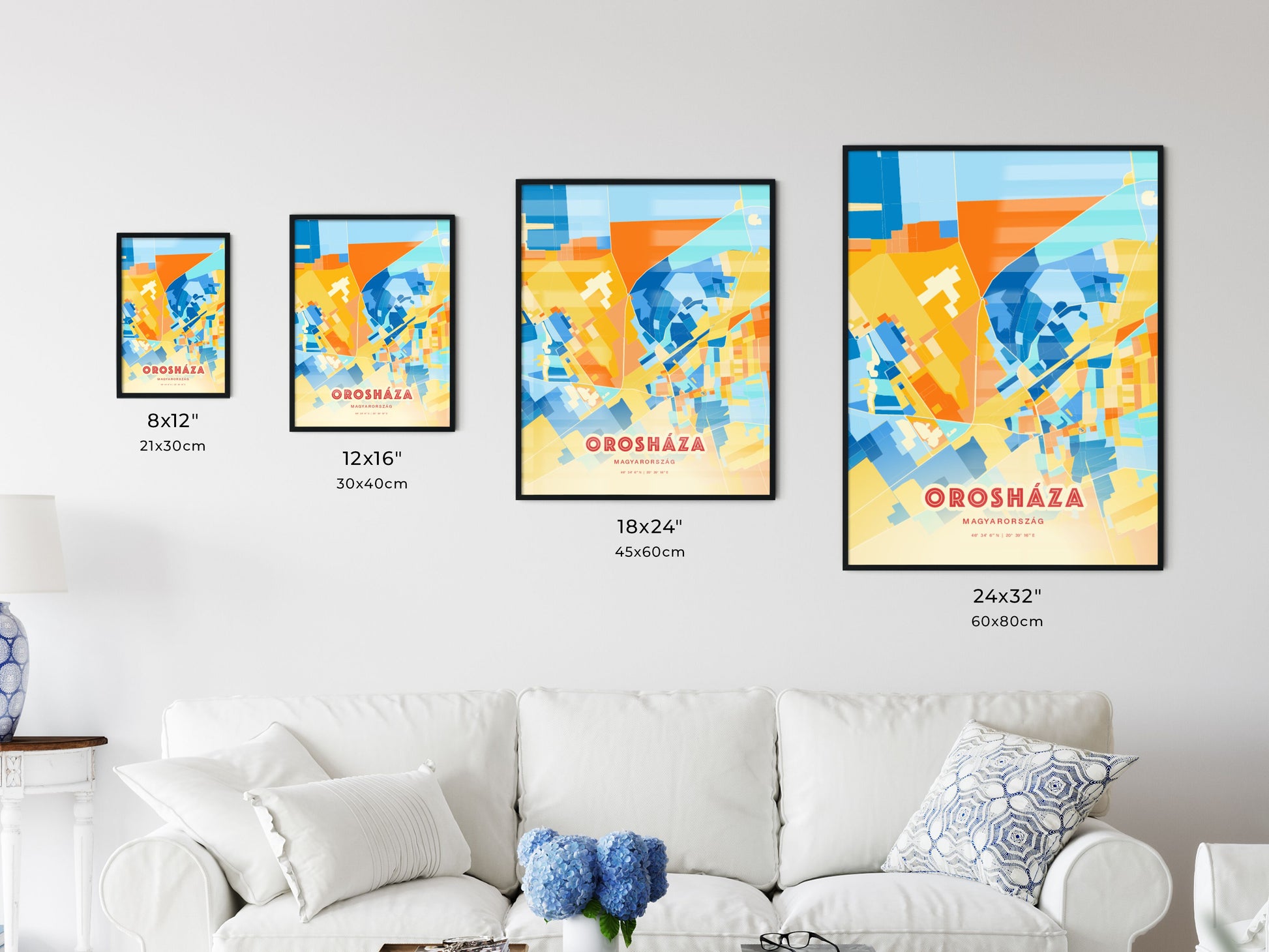 Colorful OROSHÁZA HUNGARY Fine Art Map Blue Orange