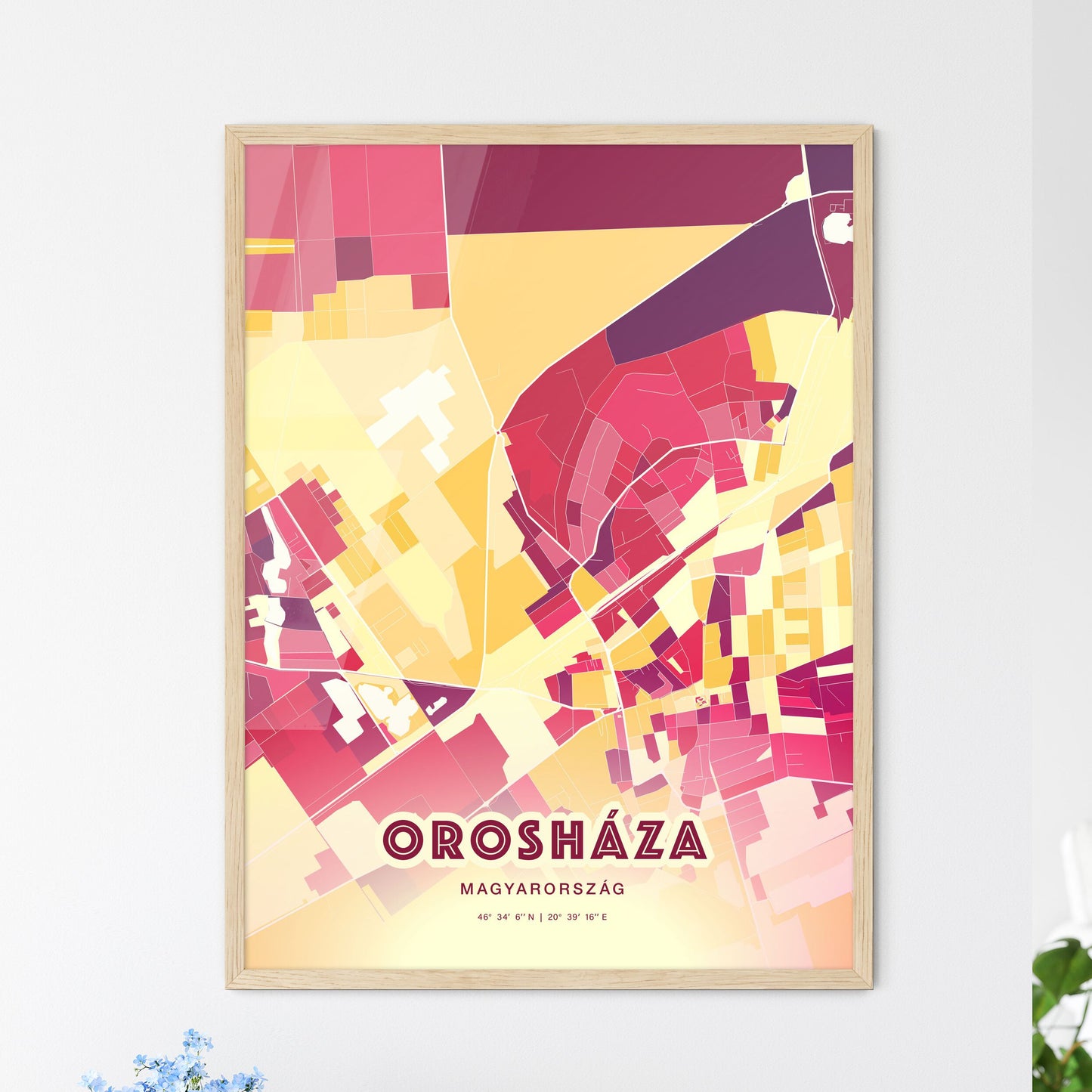 Colorful OROSHÁZA HUNGARY Fine Art Map Hot Red