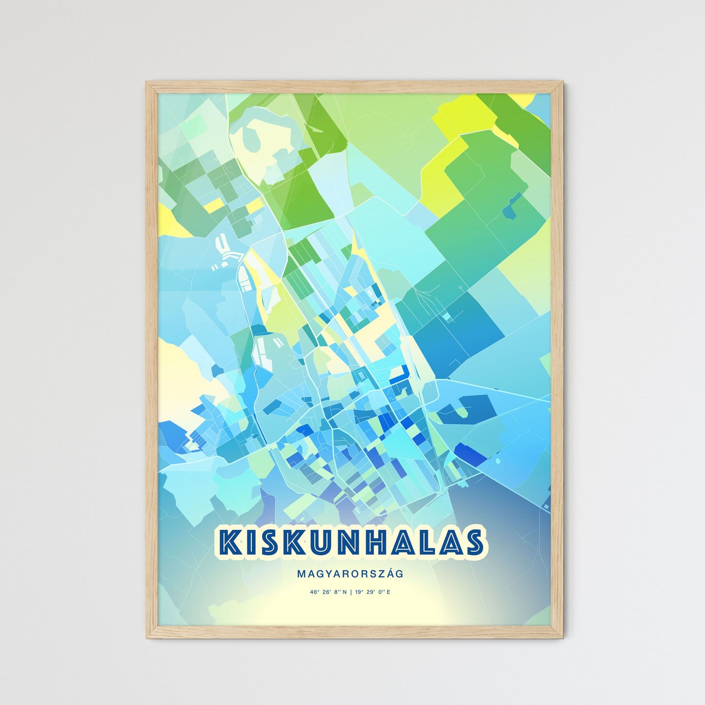 Colorful KISKUNHALAS HUNGARY Fine Art Map Cool Blue