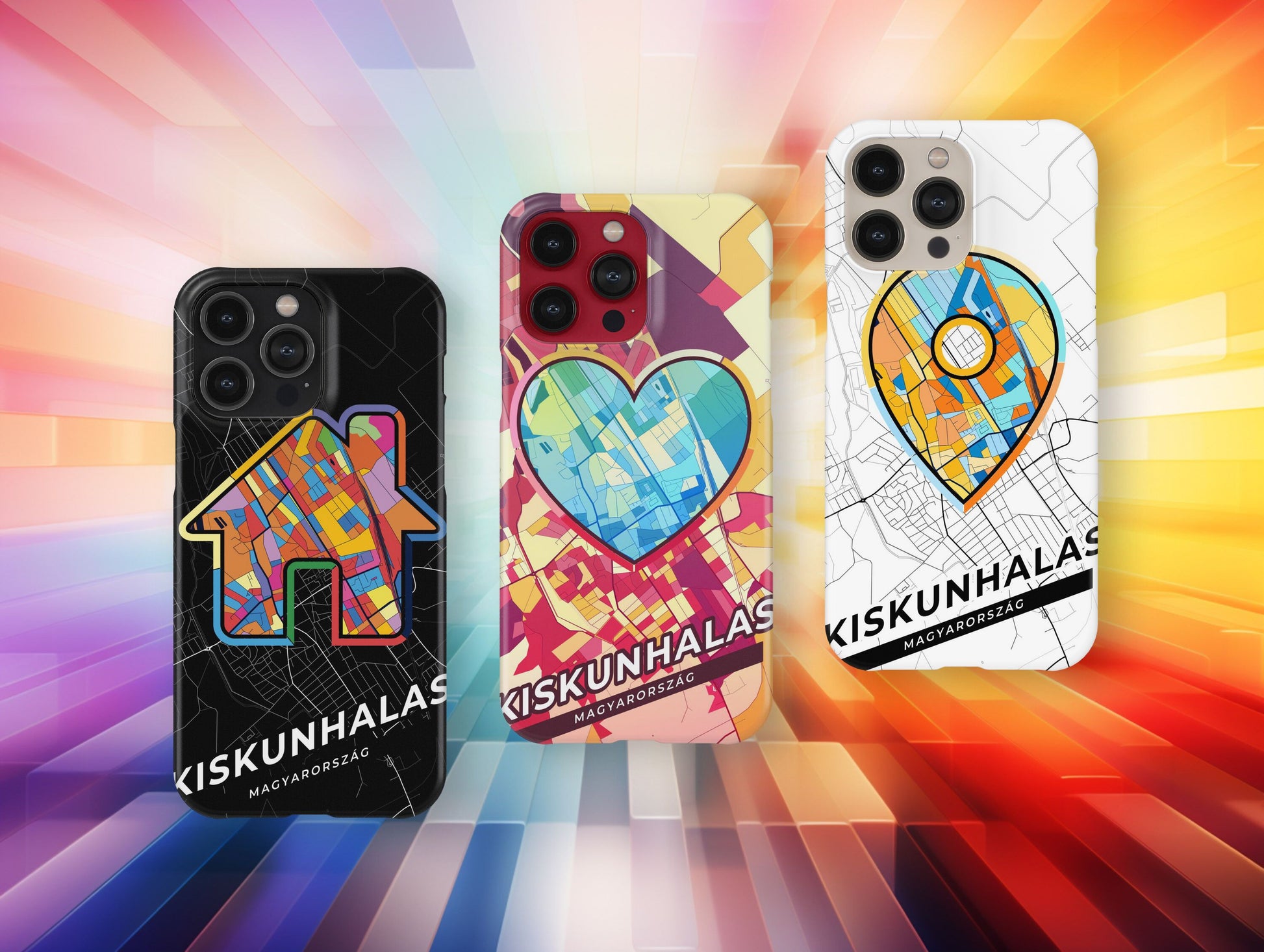 Kiskunhalas Hungary slim phone case with colorful icon. Birthday, wedding or housewarming gift. Couple match cases.