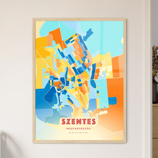 Colorful SZENTES HUNGARY Fine Art Map Blue Orange