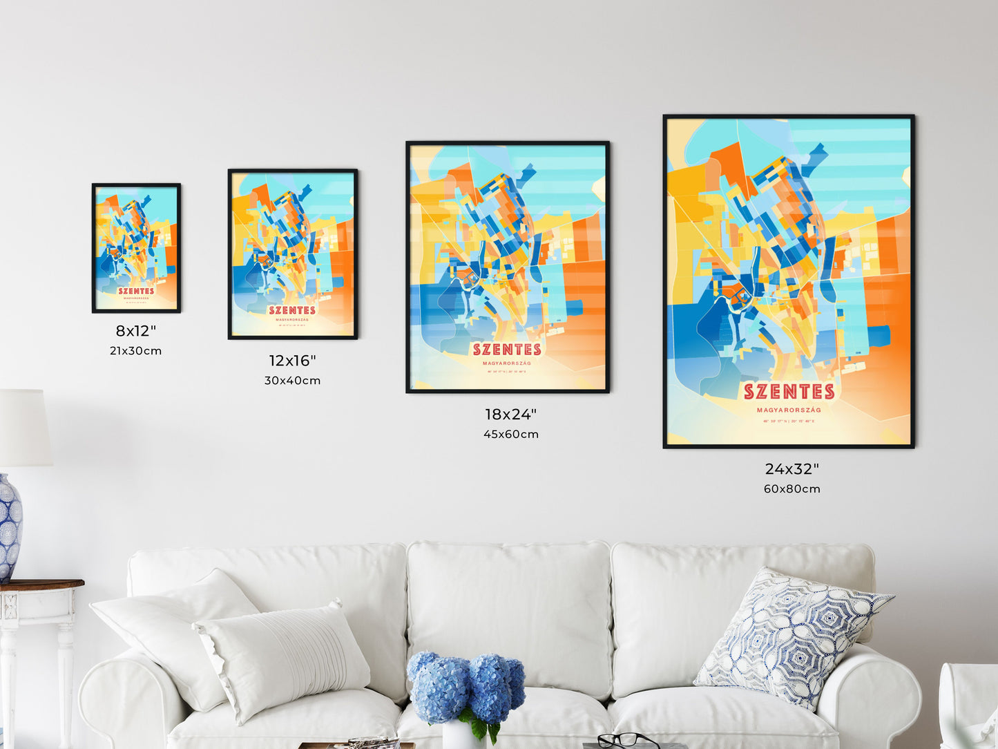 Colorful SZENTES HUNGARY Fine Art Map Blue Orange