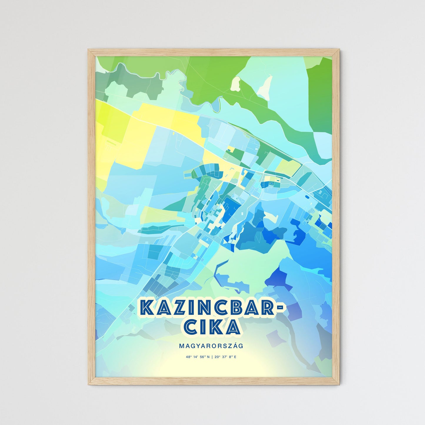 Colorful KAZINCBARCIKA HUNGARY Fine Art Map Cool Blue