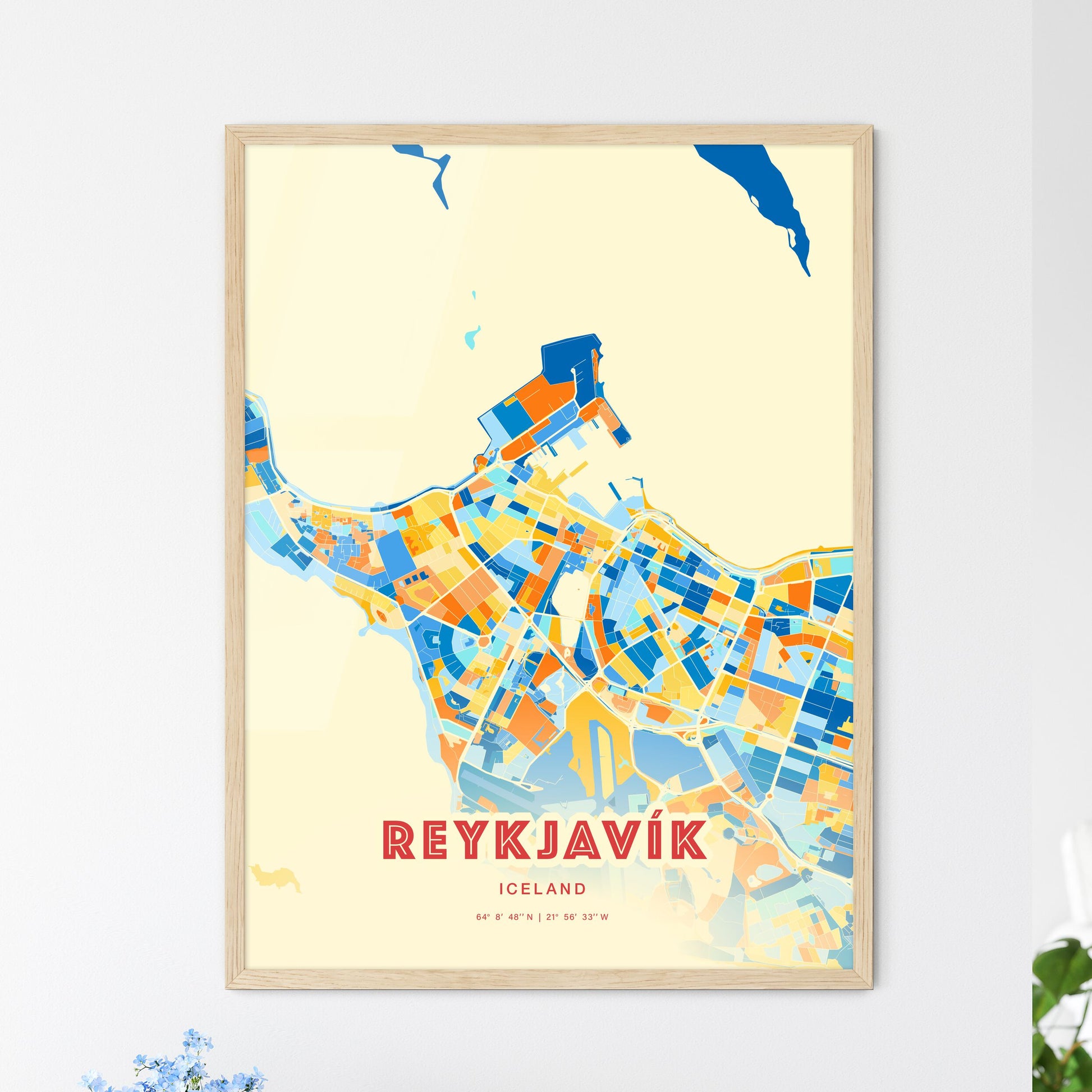 Colorful Reykjavík Iceland Fine Art Map Blue Orange