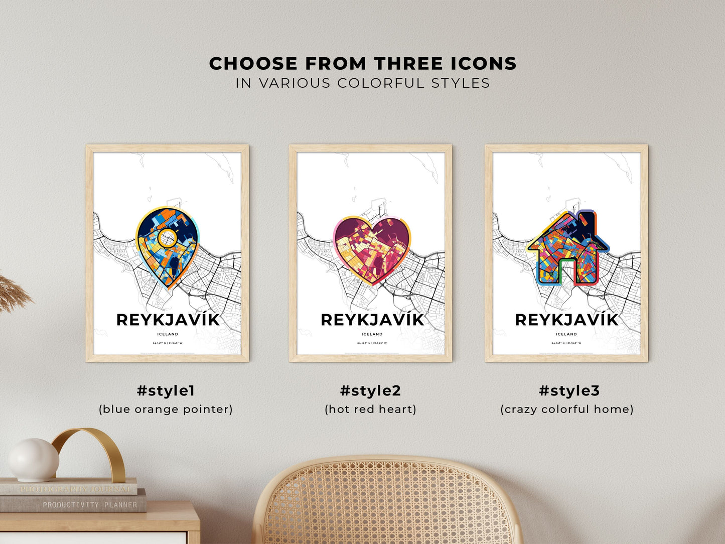 Reykjavík Iceland maps with colorful icons