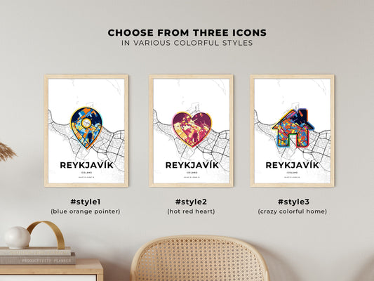 Reykjavík Iceland maps with colorful icons