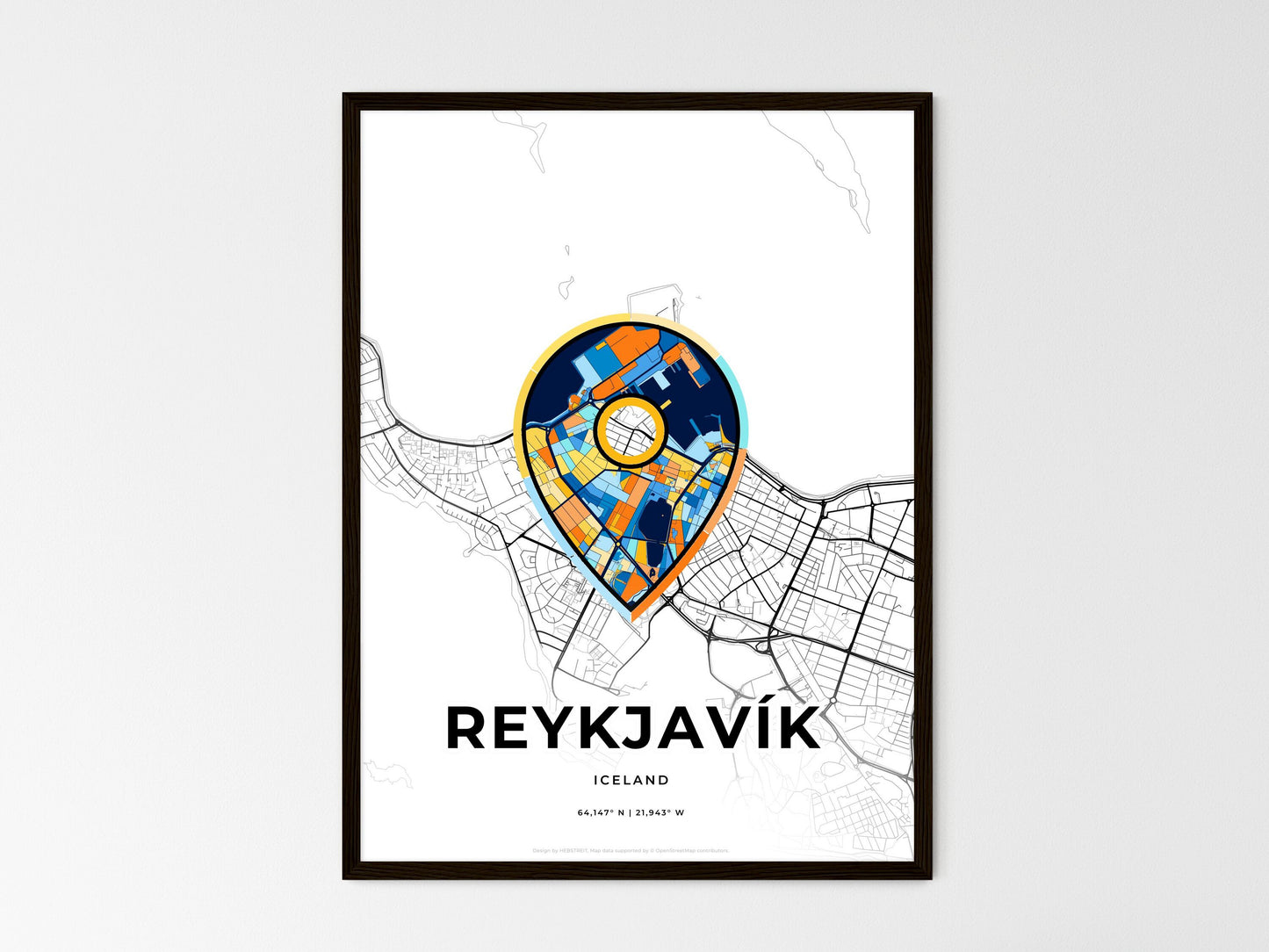 Reykjavík Iceland wedding art map with pointer icon