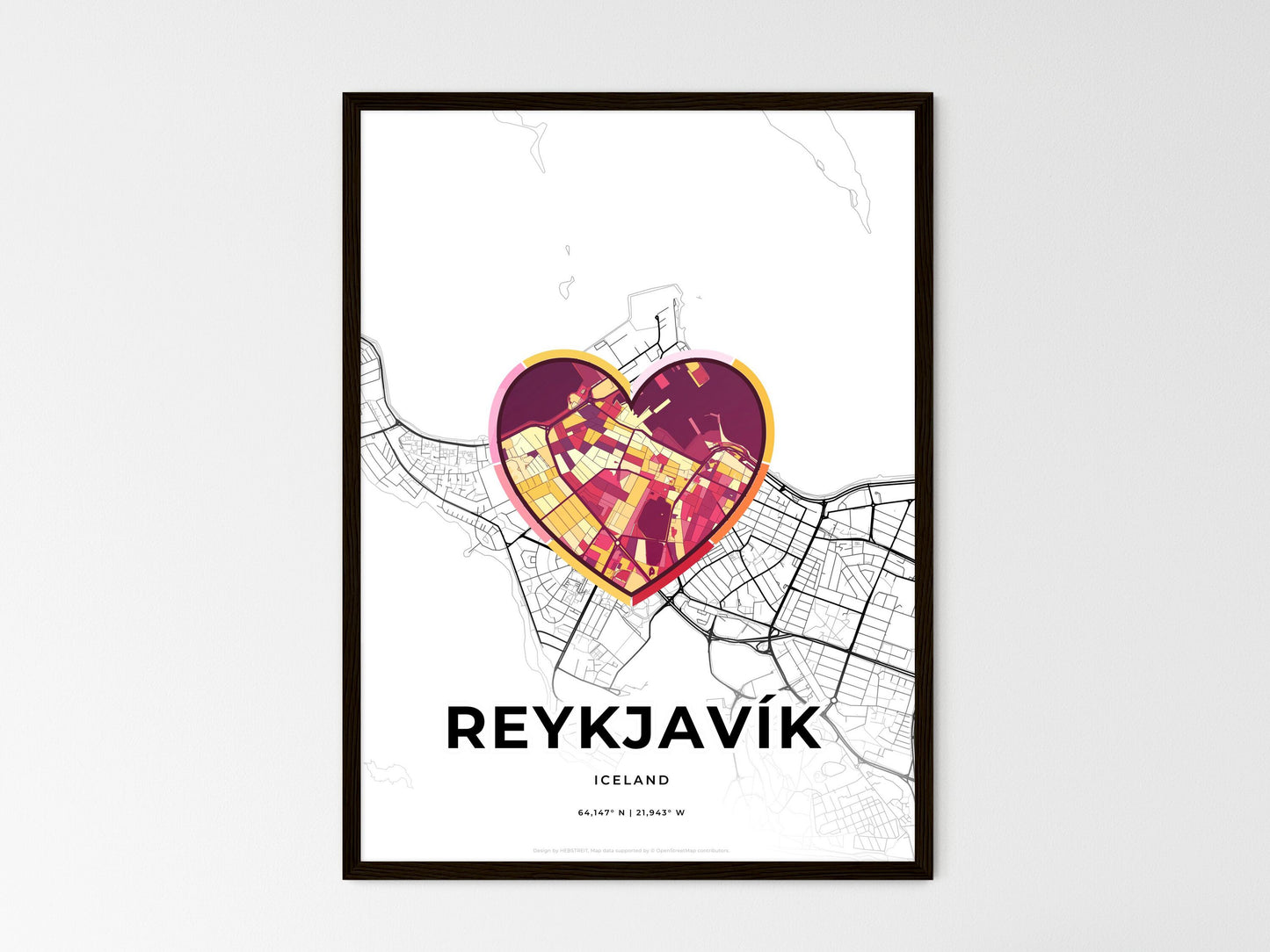 Reykjavík Iceland wedding art map with heart icon