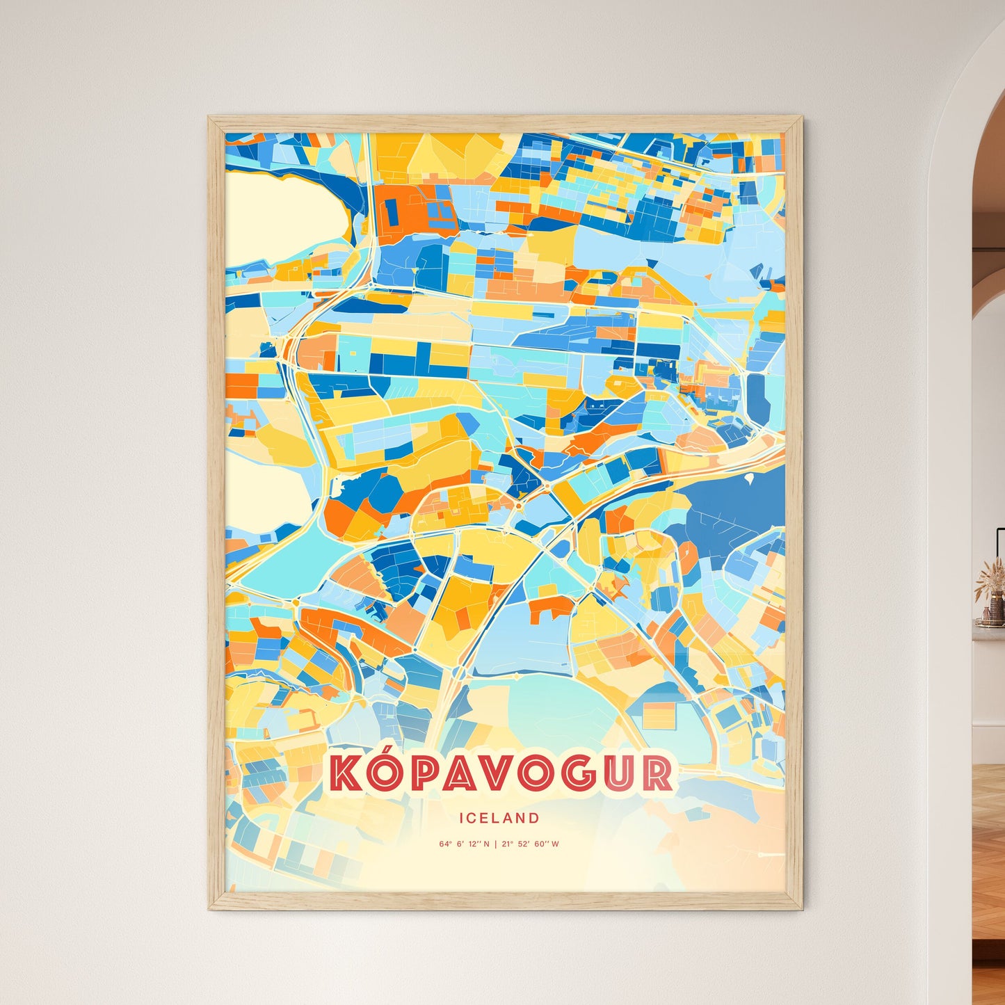 Colorful KÓPAVOGUR ICELAND Fine Art Map Blue Orange