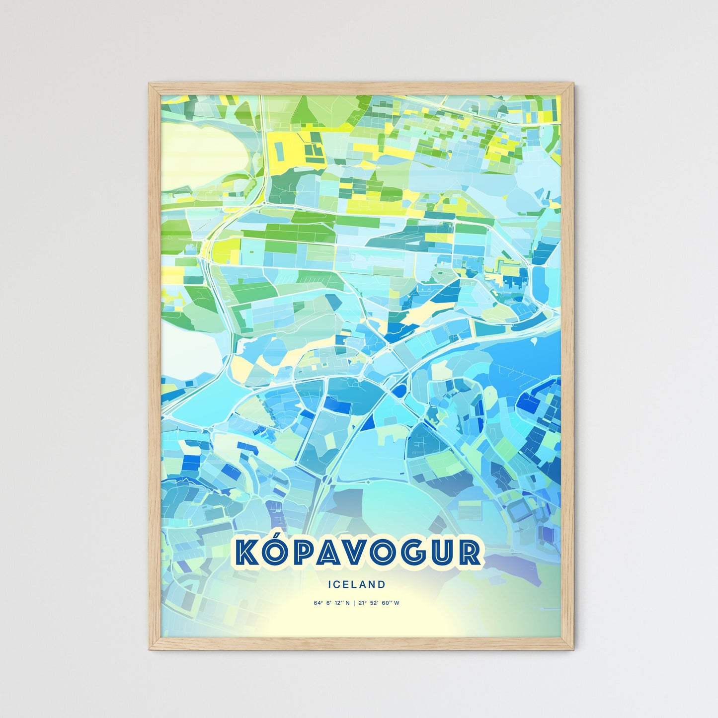 Colorful KÓPAVOGUR ICELAND Fine Art Map Cool Blue