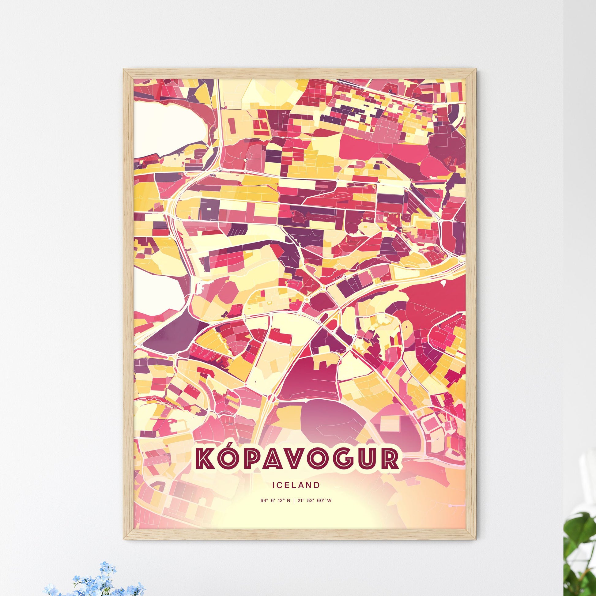 Colorful KÓPAVOGUR ICELAND Fine Art Map Hot Red