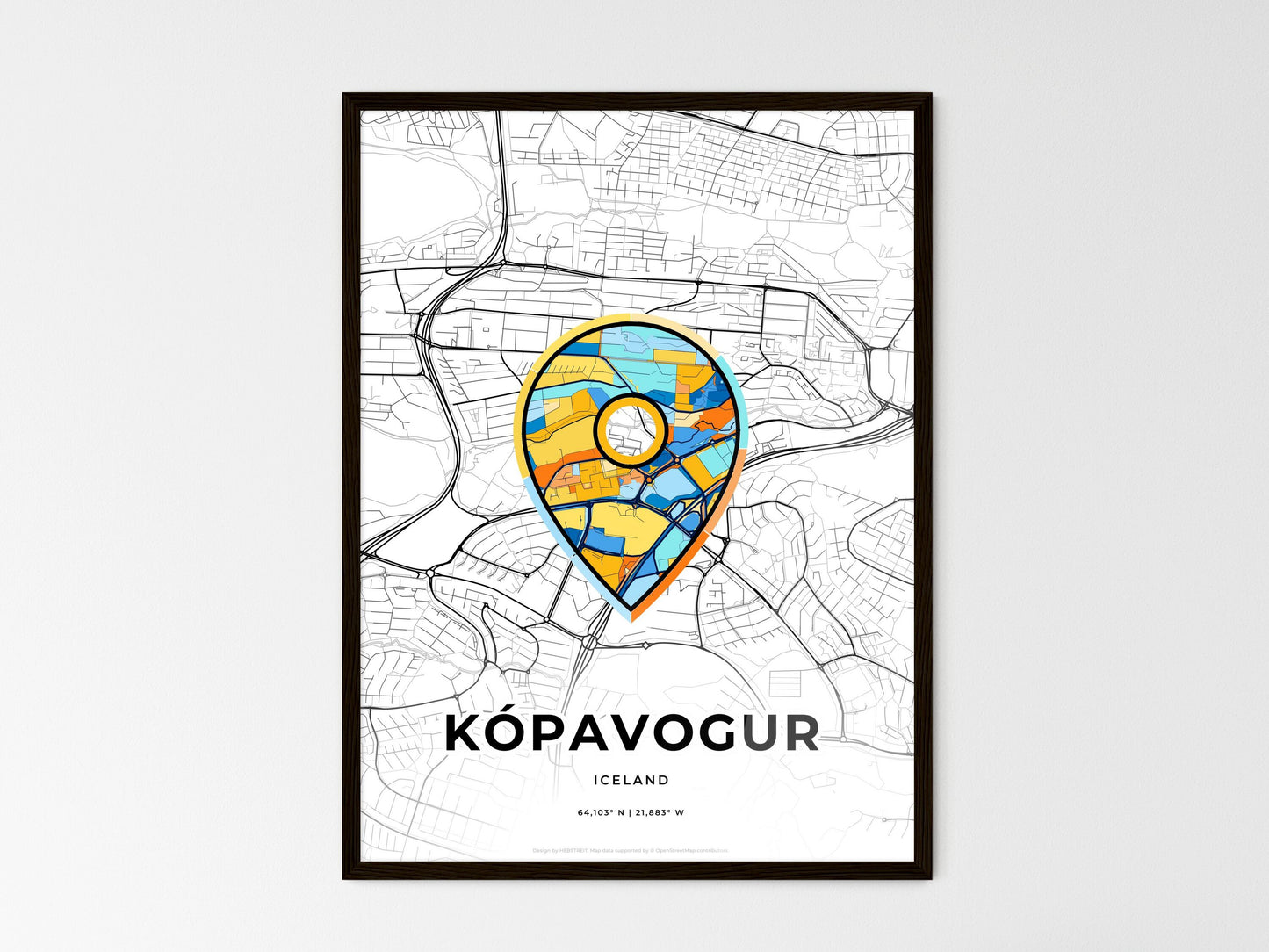 Kópavogur Iceland wedding art map with pointer icon