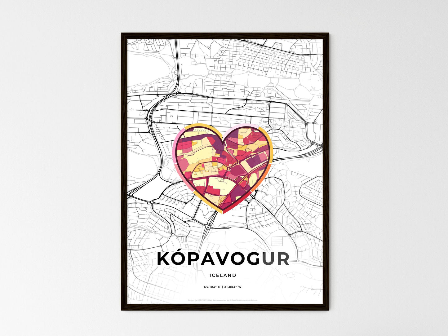 Kópavogur Iceland wedding art map with heart icon