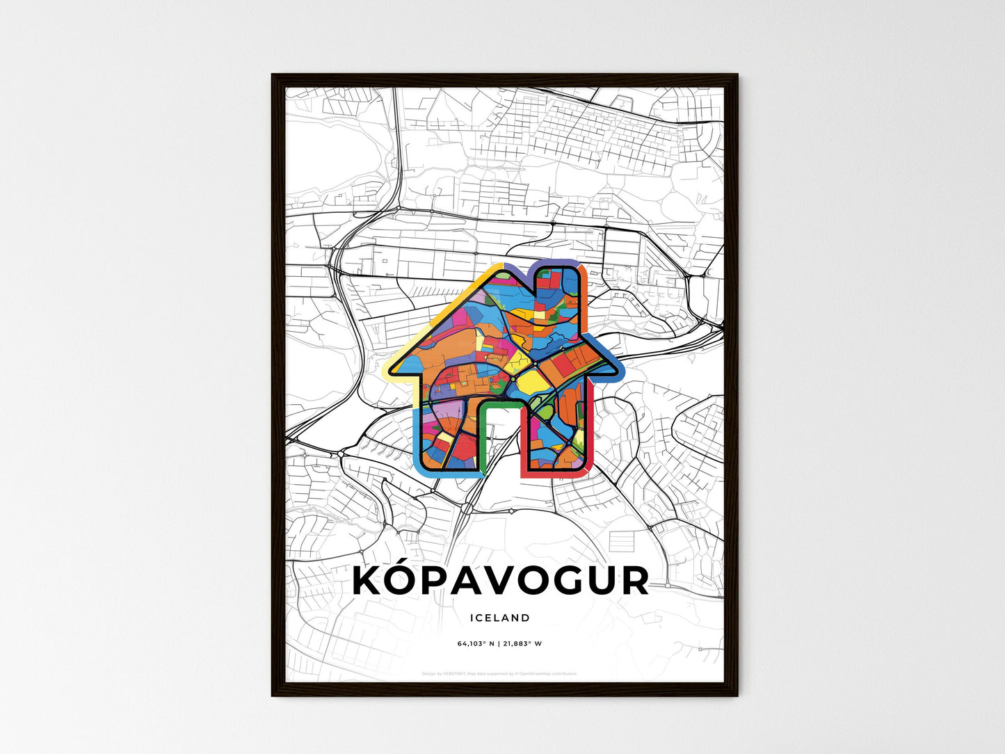 Kópavogur Iceland wedding art map with home icon