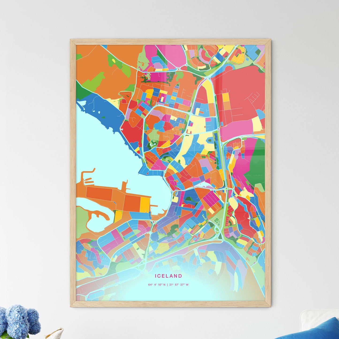 Colorful HAFNARFJÖRÐUR ICELAND Fine Art Map Crazy Colors