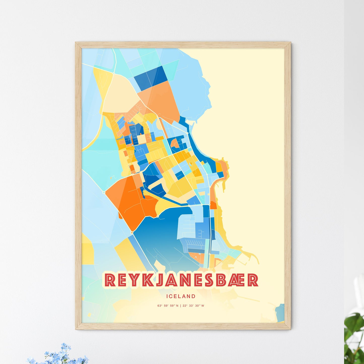 Colorful REYKJANESBÆR ICELAND Fine Art Map Blue Orange