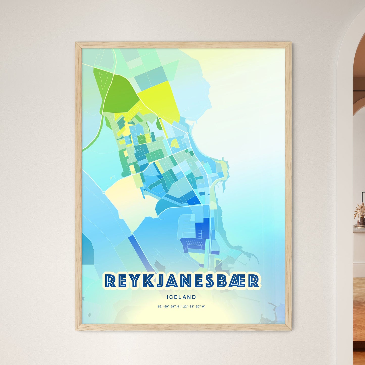 Colorful REYKJANESBÆR ICELAND Fine Art Map Cool Blue