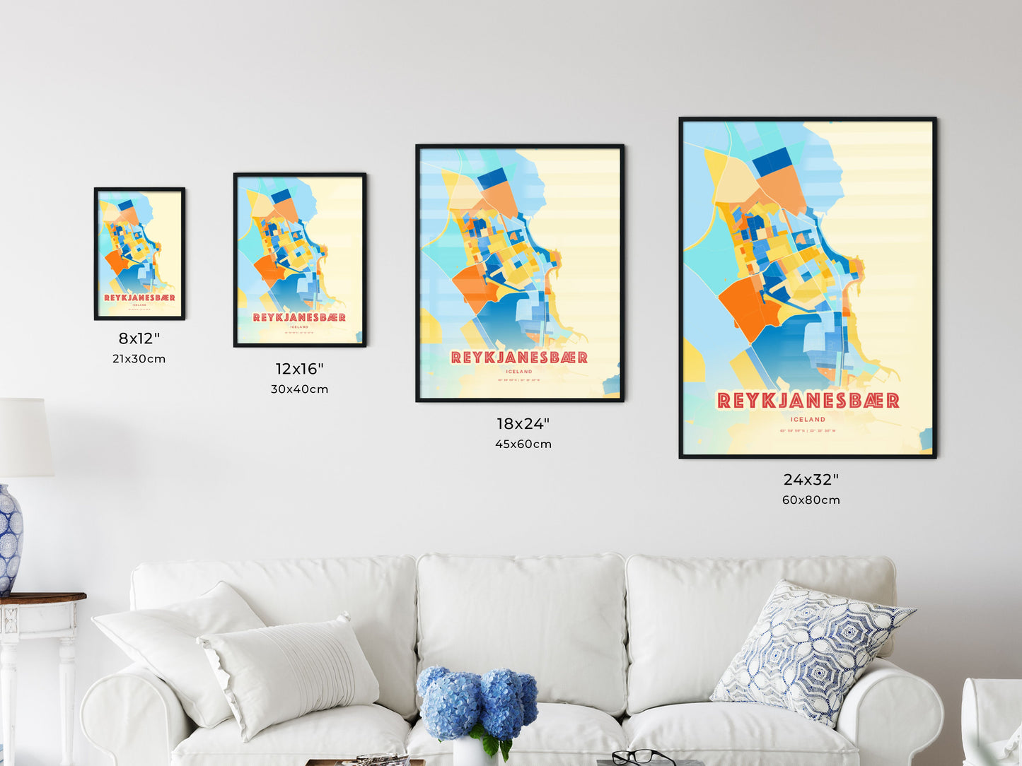 Colorful REYKJANESBÆR ICELAND Fine Art Map Blue Orange