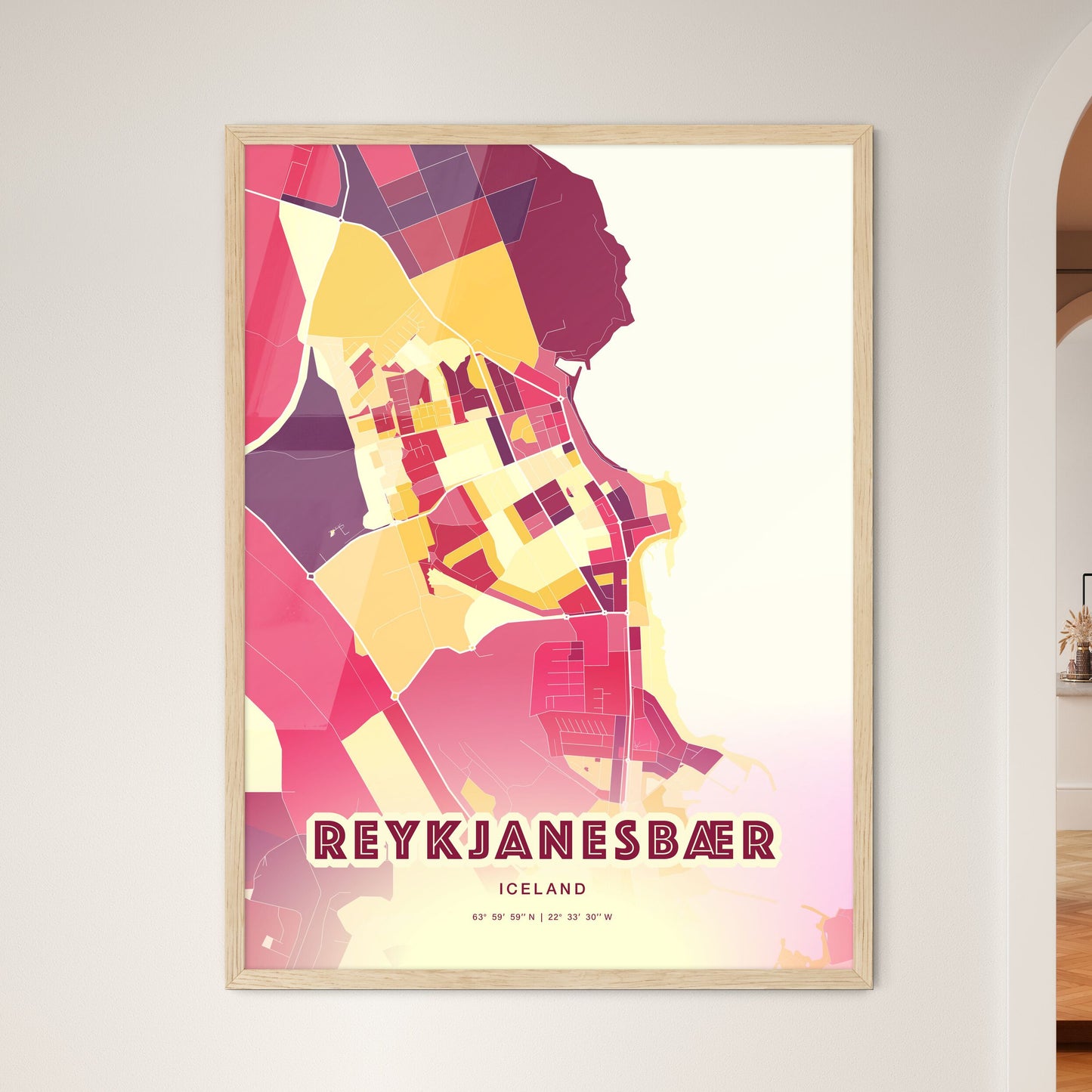 Colorful REYKJANESBÆR ICELAND Fine Art Map Hot Red