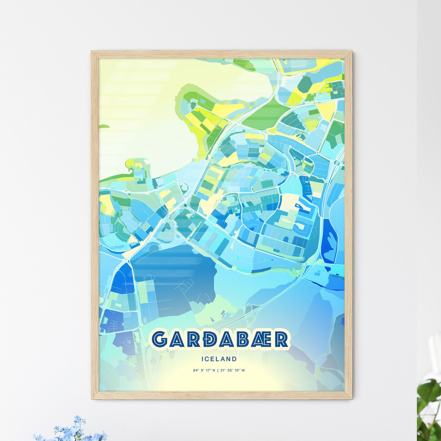 Colorful GARÐABÆR ICELAND Fine Art Map Cool Blue