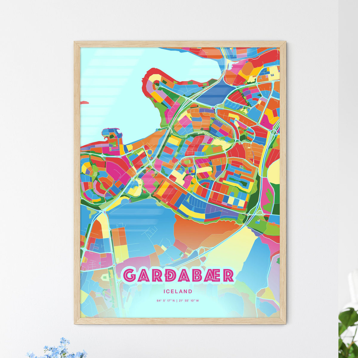 Colorful GARÐABÆR ICELAND Fine Art Map Crazy Colors