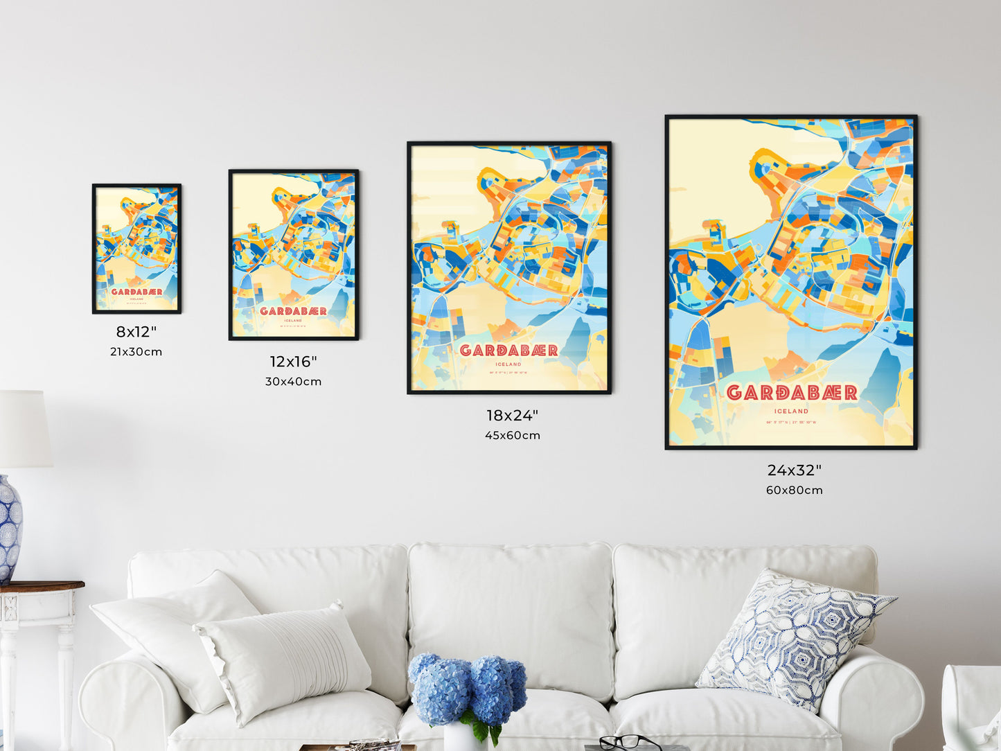 Colorful GARÐABÆR ICELAND Fine Art Map Blue Orange