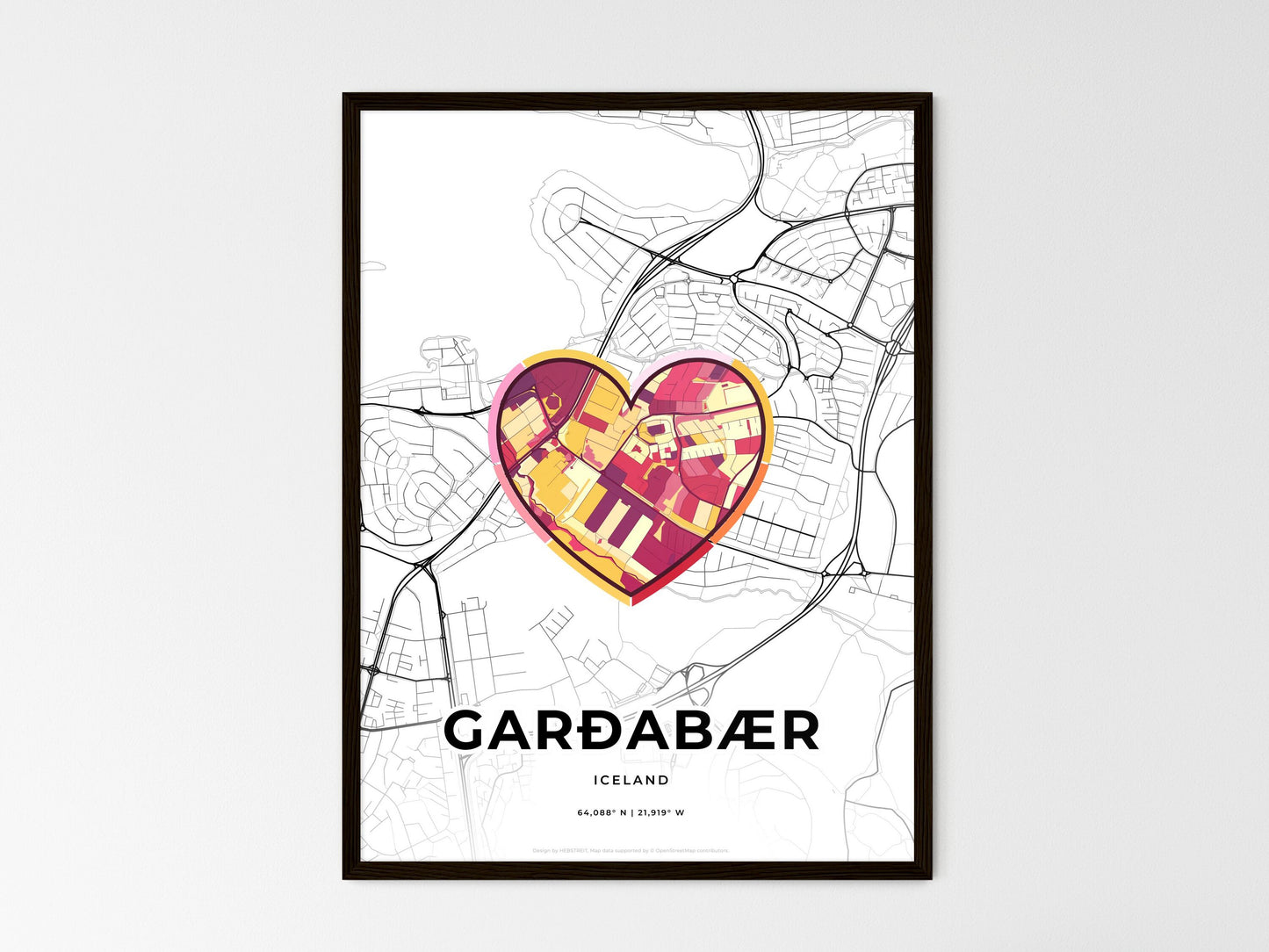 Garðabær Iceland wedding art map with heart icon