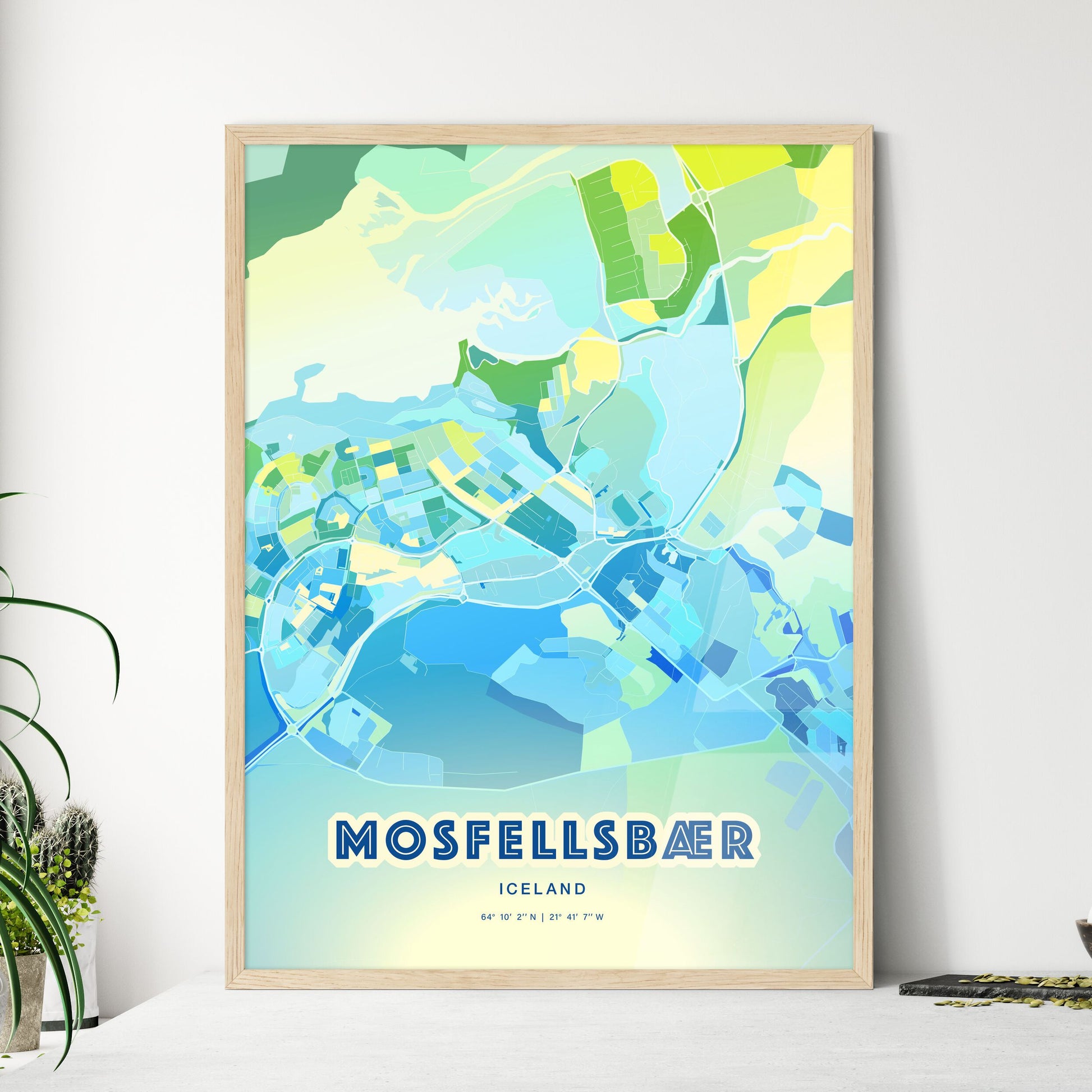 Colorful MOSFELLSBÆR ICELAND Fine Art Map Cool Blue