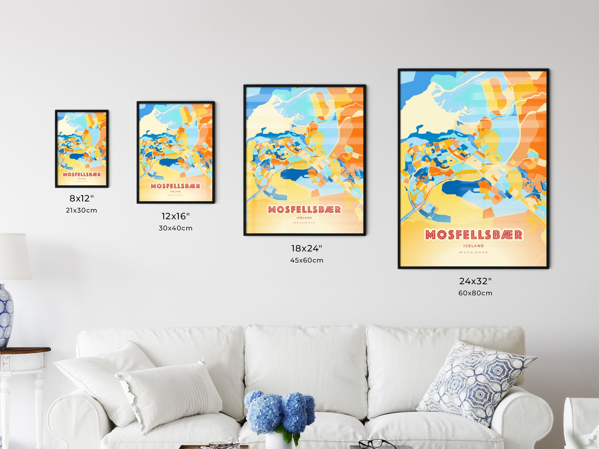 Colorful MOSFELLSBÆR ICELAND Fine Art Map Blue Orange