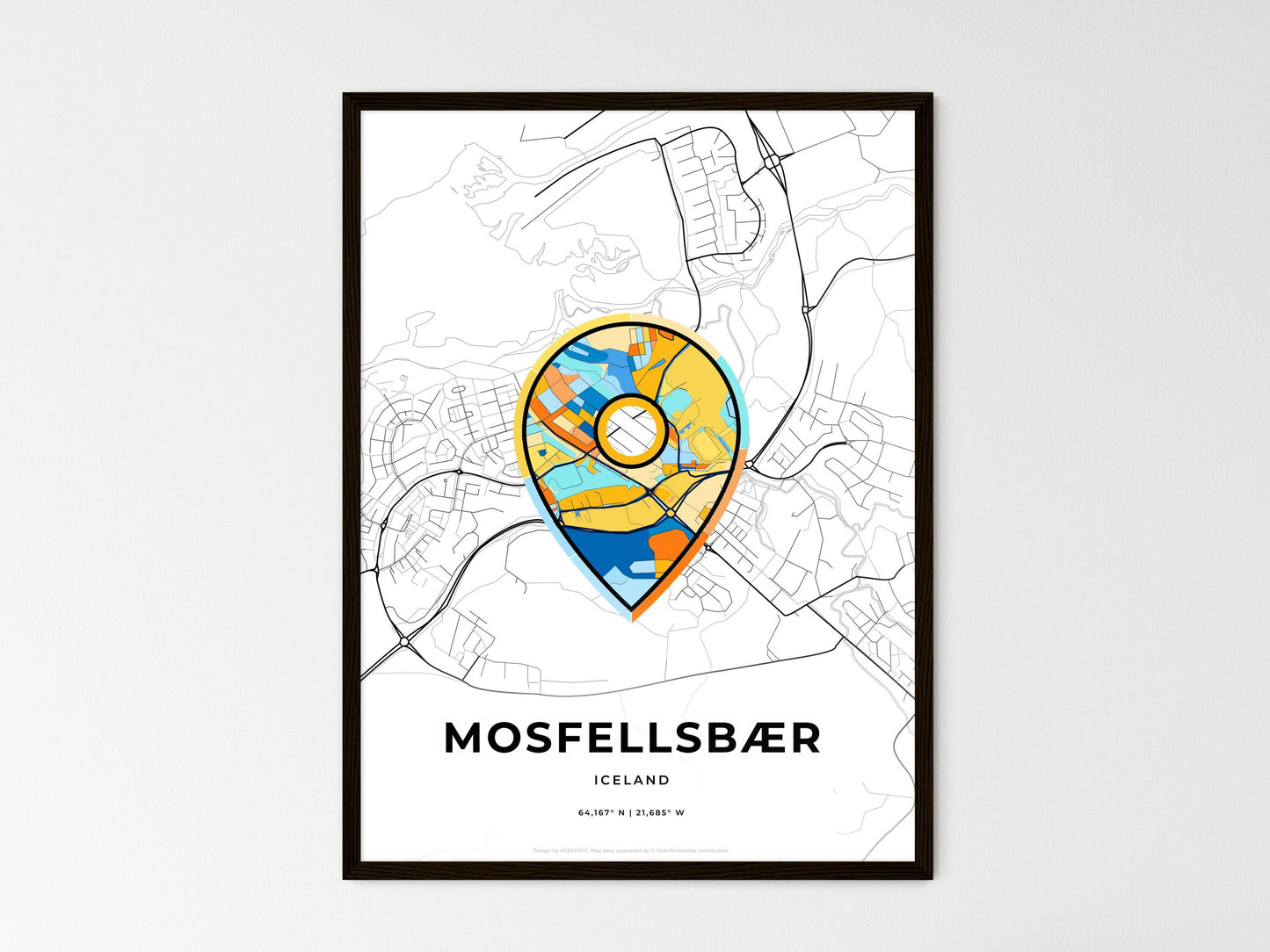 Mosfellsbær Iceland wedding art map with pointer icon