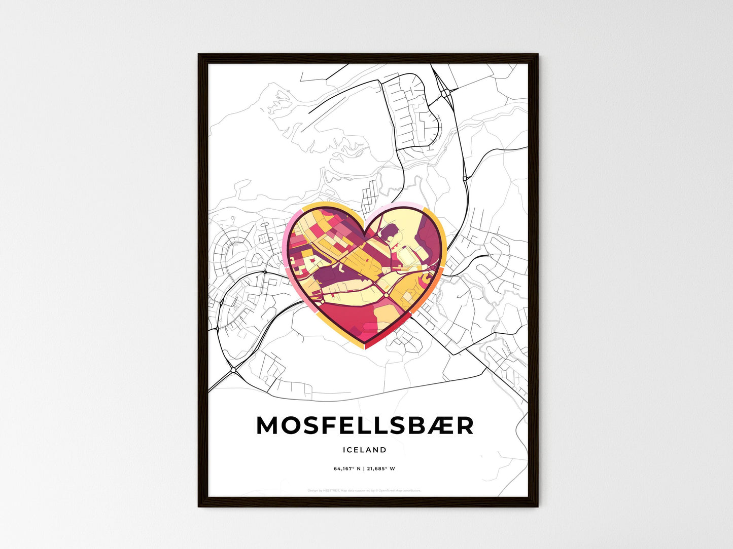 Mosfellsbær Iceland wedding art map with heart icon