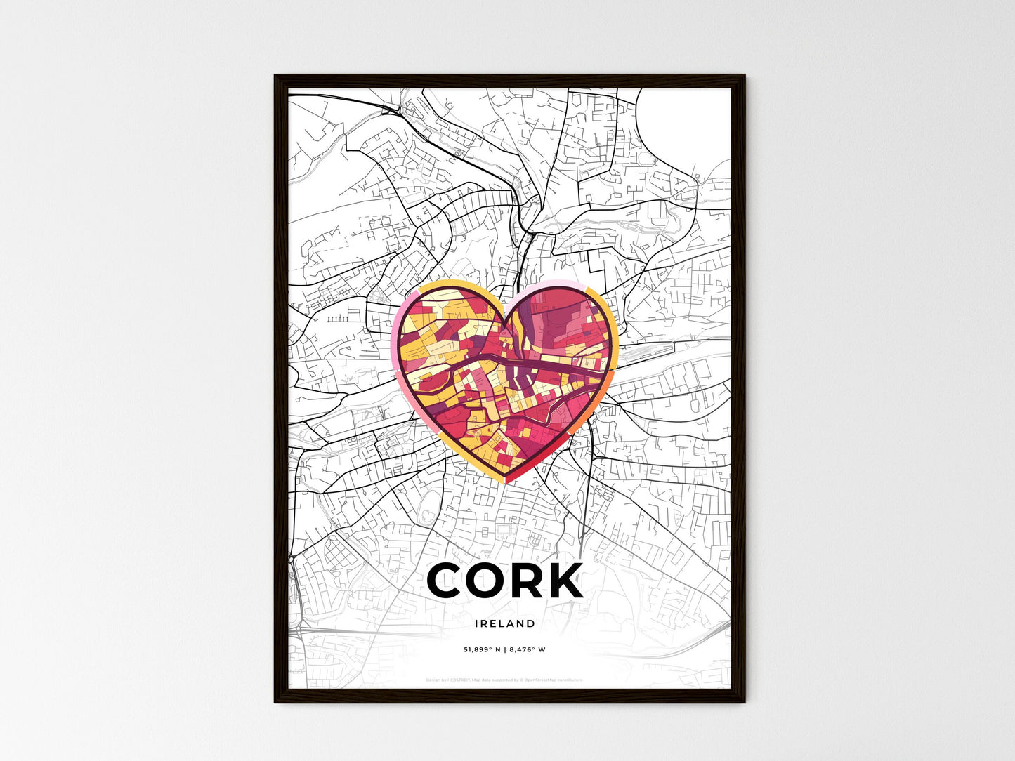 Cork Ireland wedding art map with heart icon