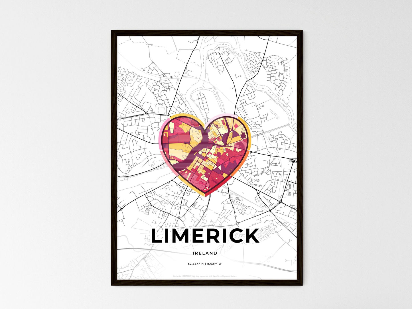 Limerick Ireland wedding art map with heart icon