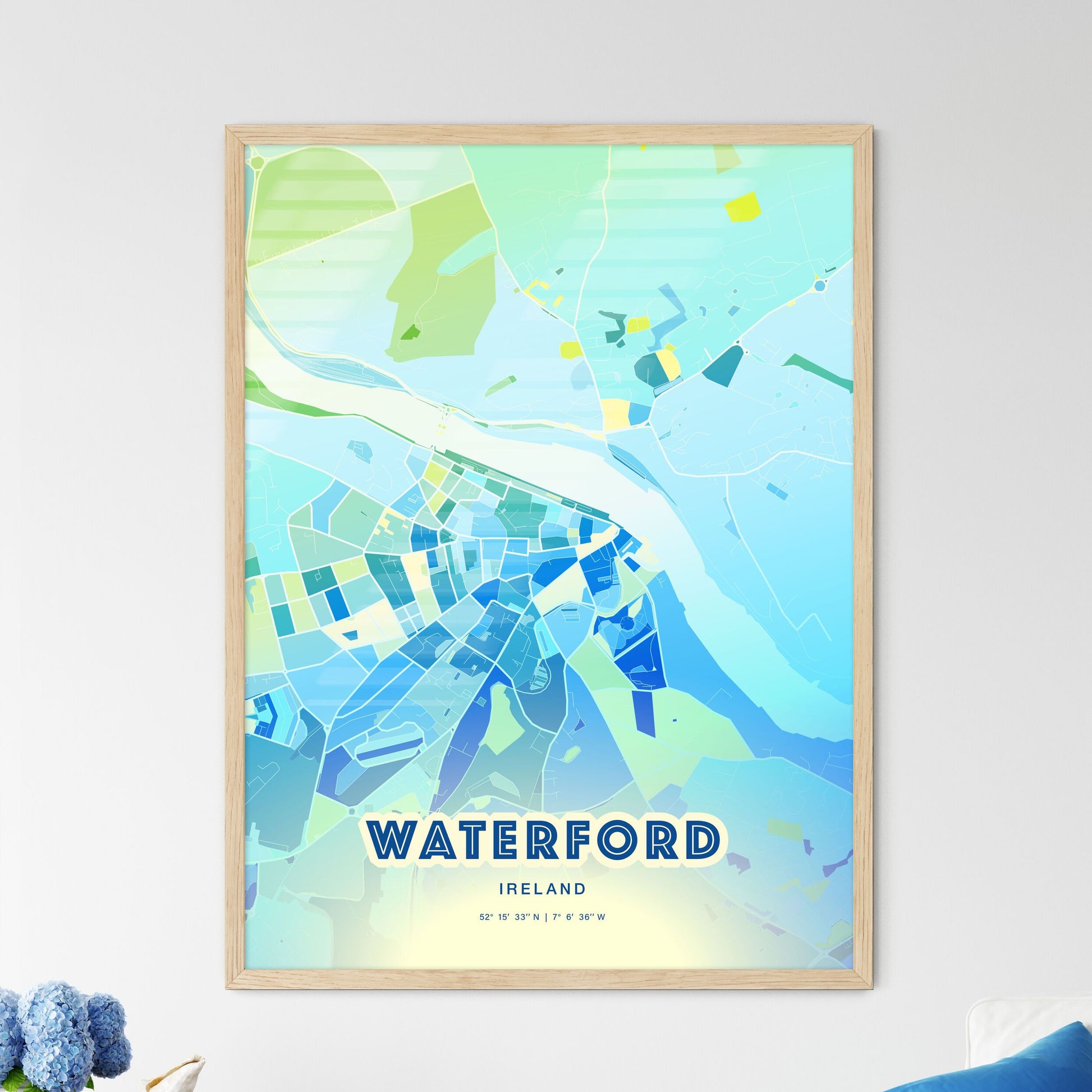 Colorful WATERFORD IRELAND Fine Art Map Cool Blue