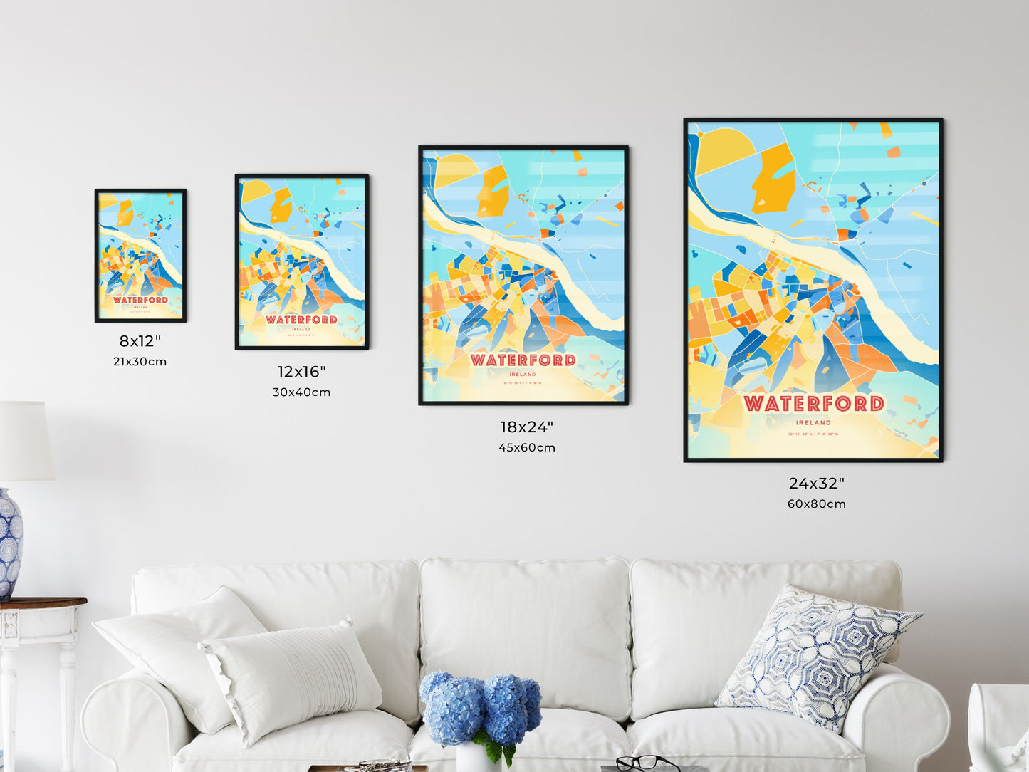 Colorful WATERFORD IRELAND Fine Art Map Blue Orange