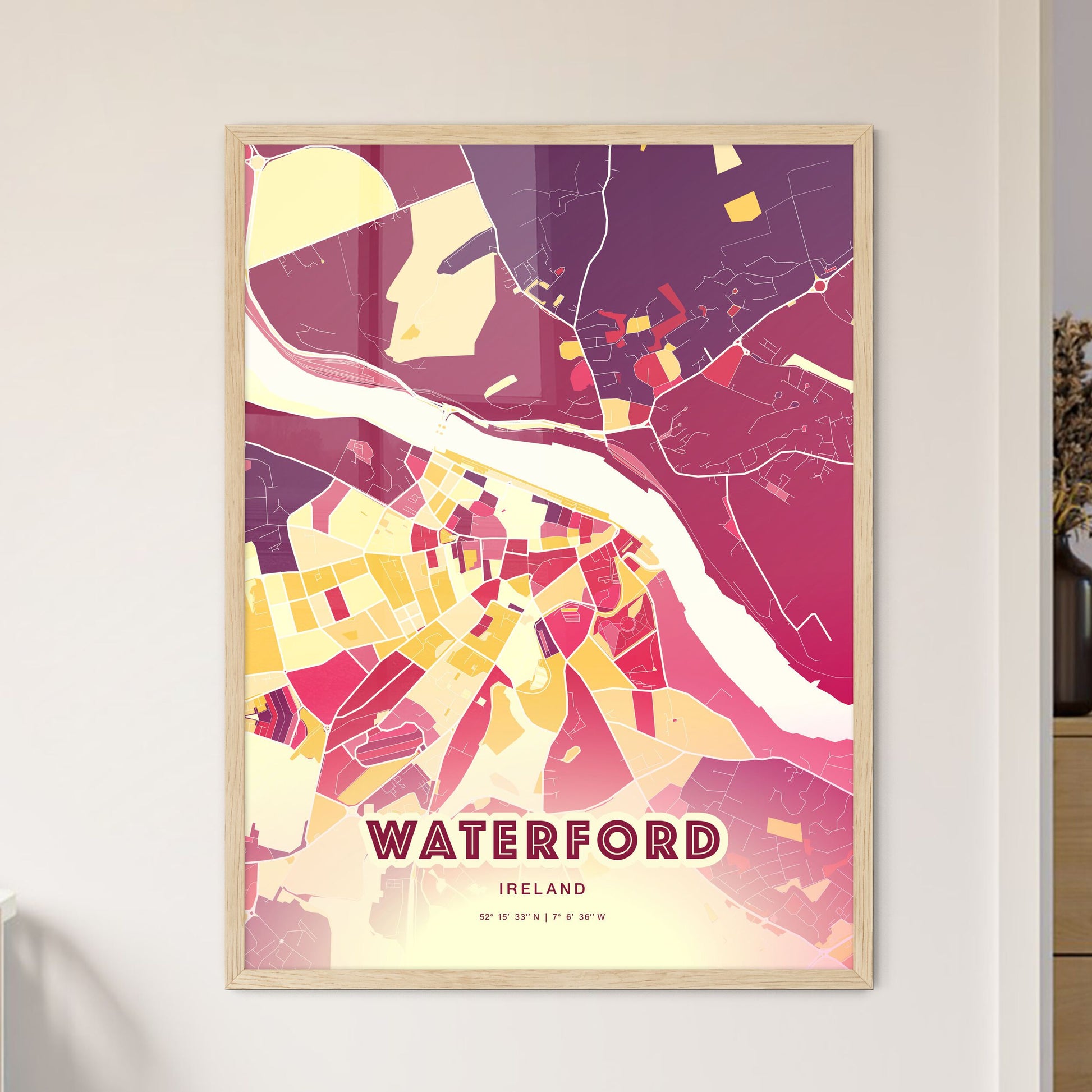 Colorful WATERFORD IRELAND Fine Art Map Hot Red