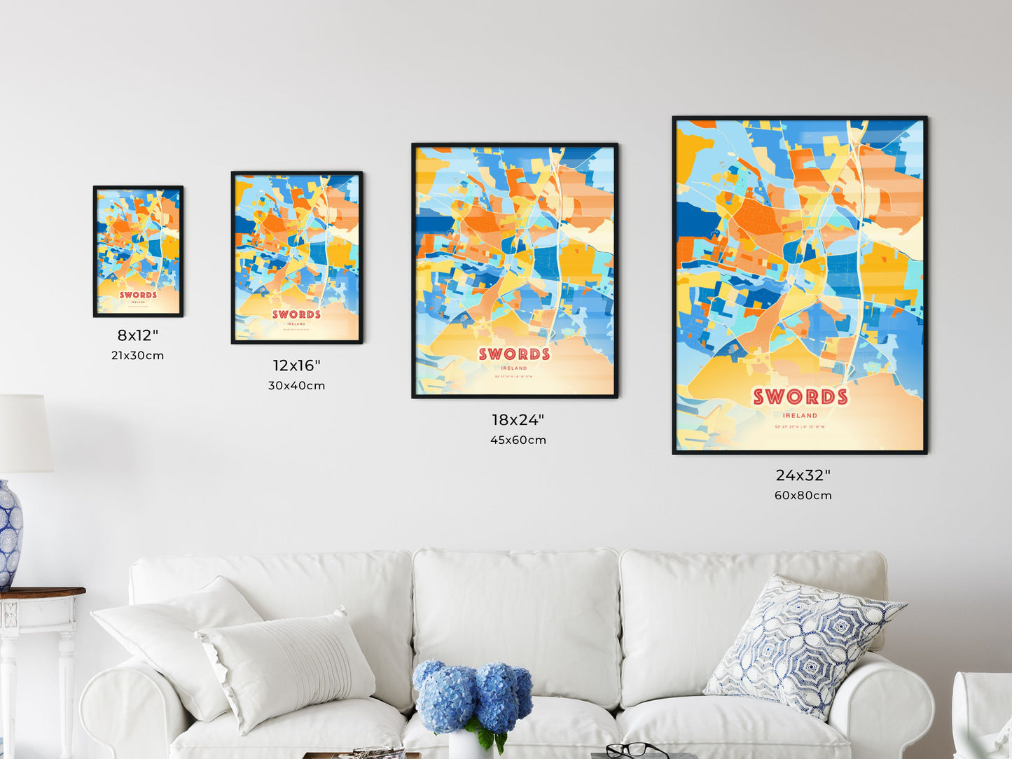 Colorful SWORDS IRELAND Fine Art Map Blue Orange