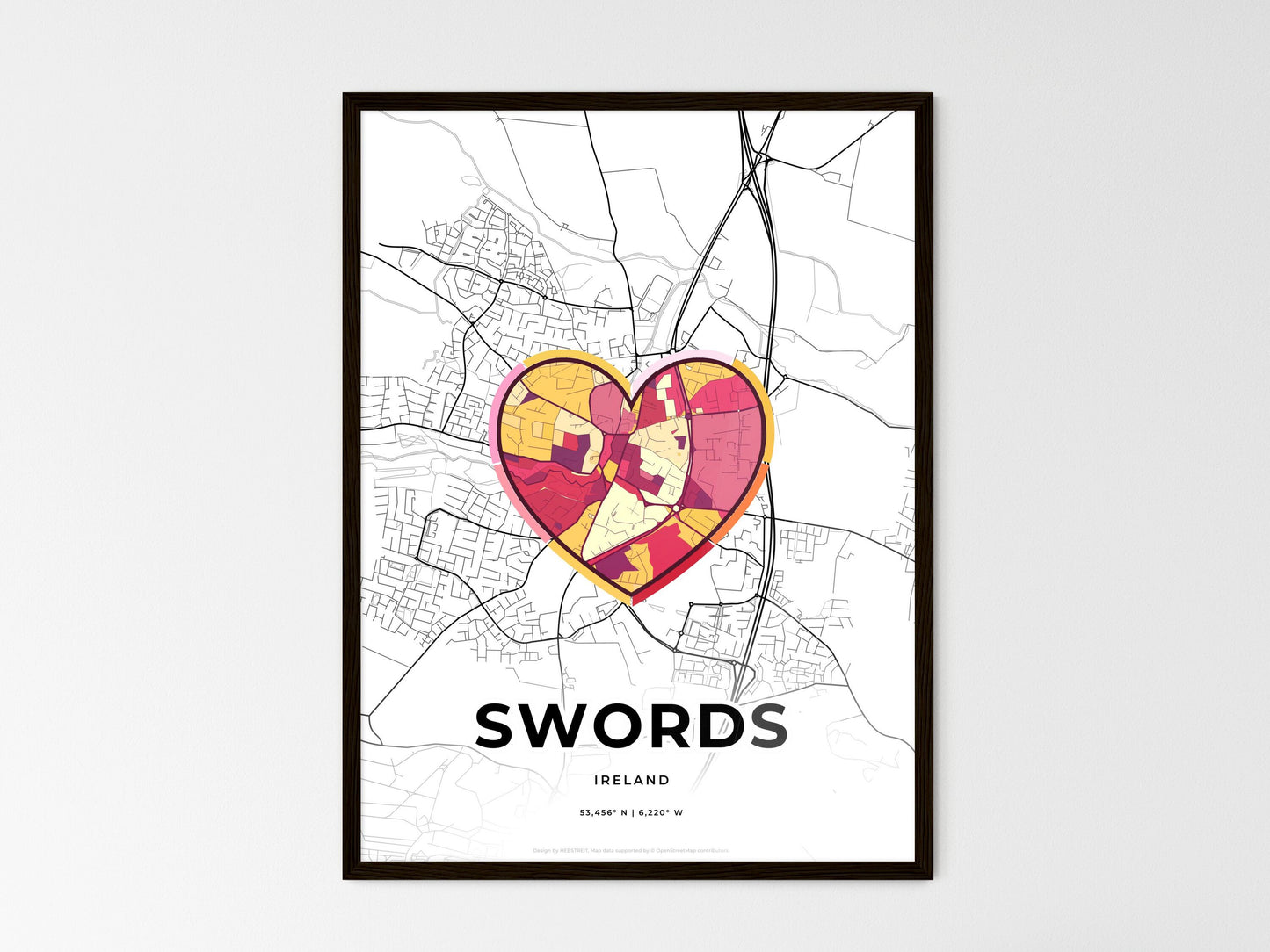 Swords Ireland wedding art map with heart icon