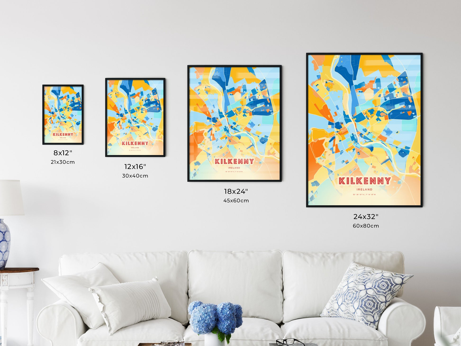 Colorful KILKENNY IRELAND Fine Art Map Blue Orange