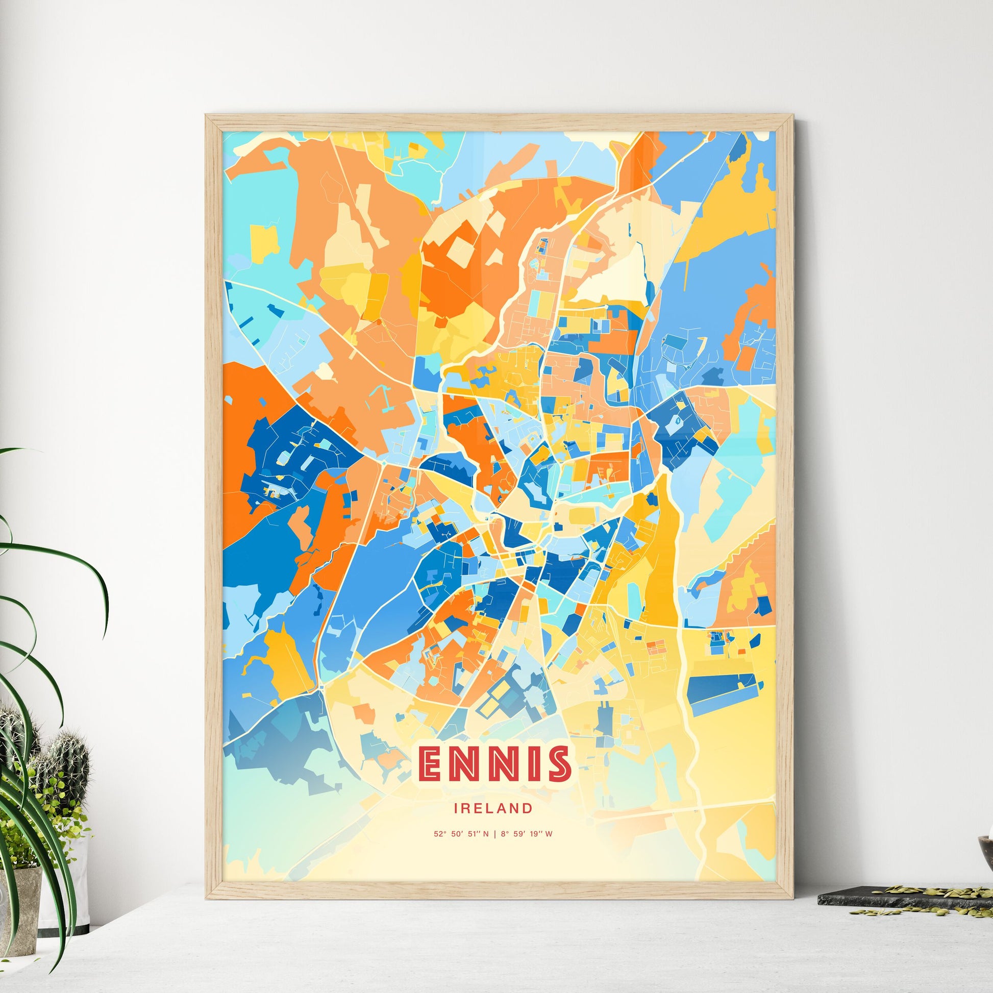 Colorful ENNIS IRELAND Fine Art Map Blue Orange