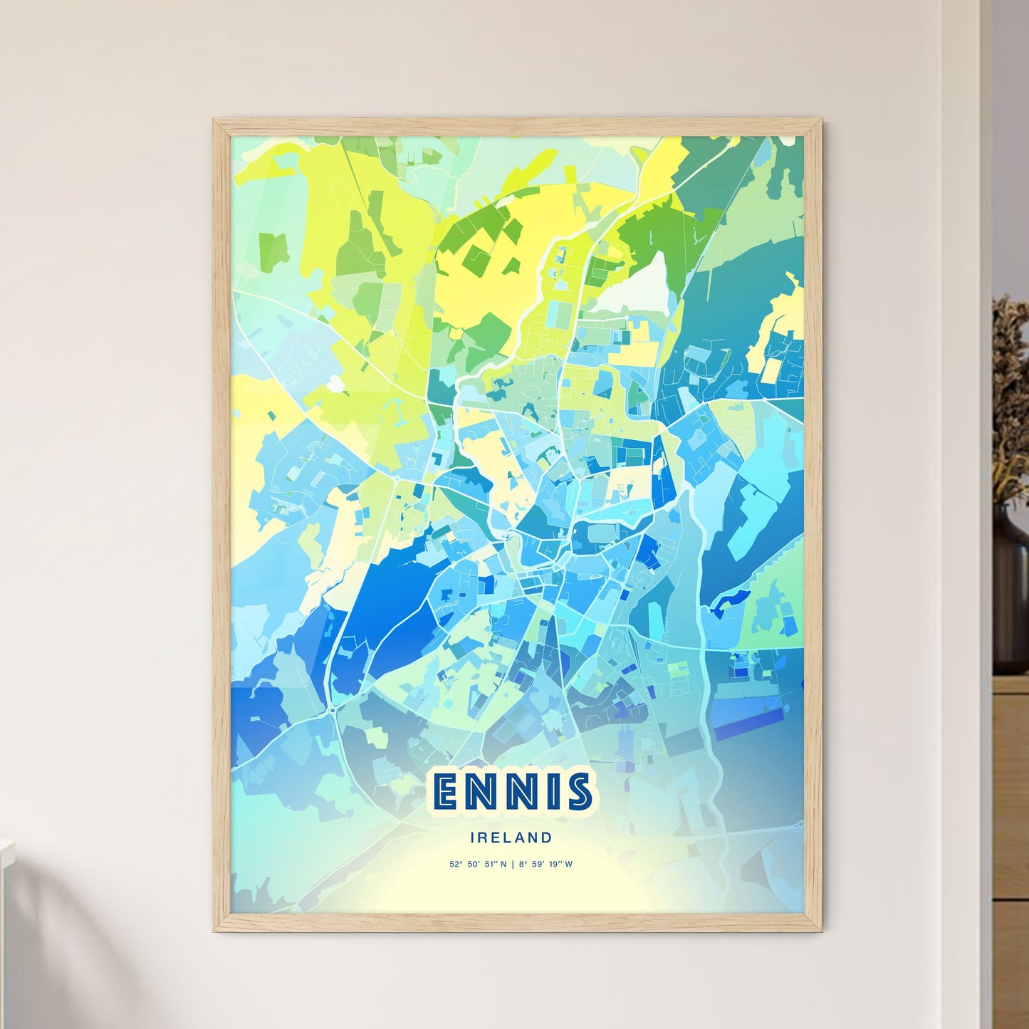 Colorful ENNIS IRELAND Fine Art Map Cool Blue