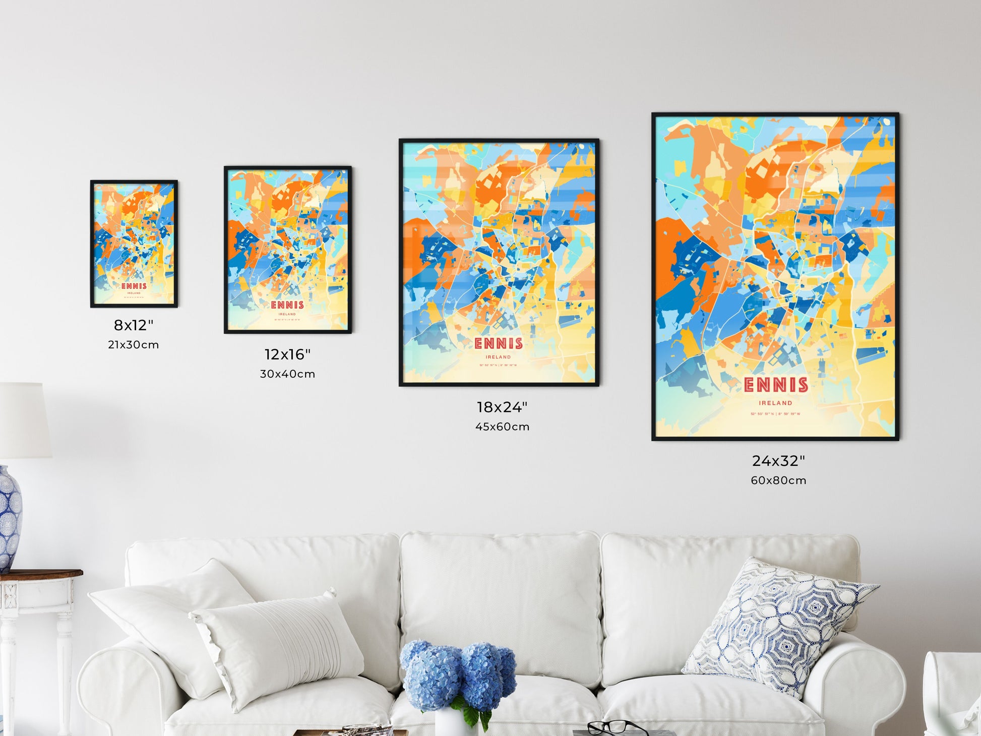 Colorful ENNIS IRELAND Fine Art Map Blue Orange