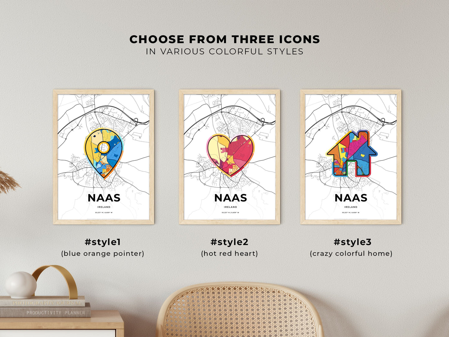 Naas Ireland maps with colorful icons