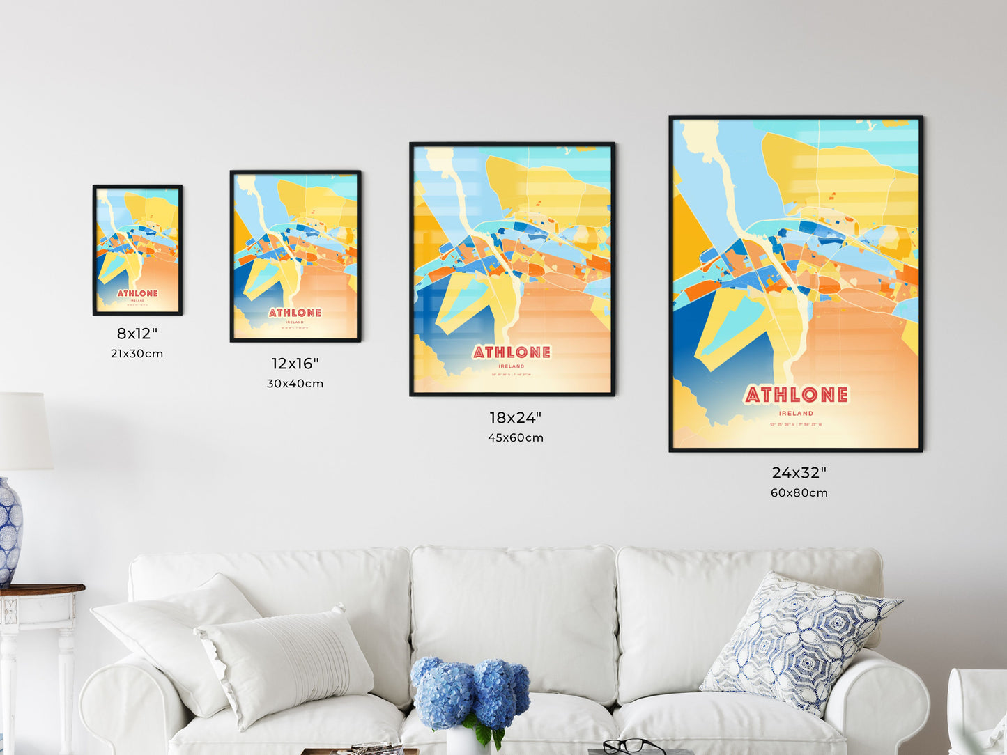 Colorful ATHLONE IRELAND Fine Art Map Blue Orange