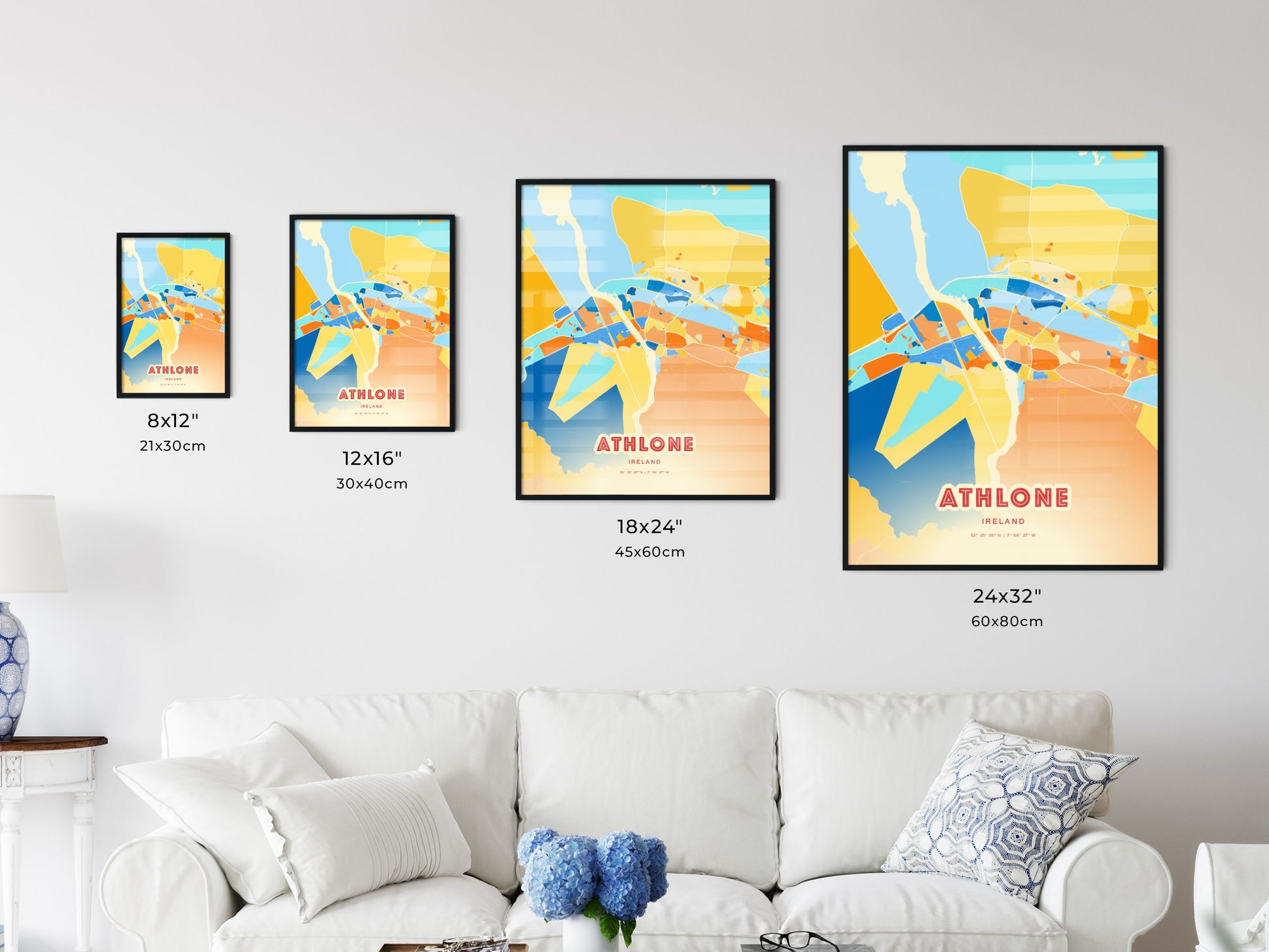 Colorful ATHLONE IRELAND Fine Art Map Blue Orange