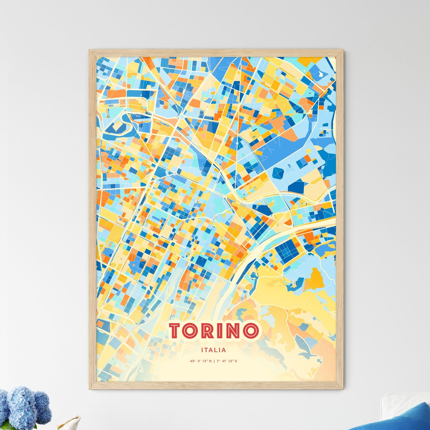 Colorful Turin Italy Fine Art Map Blue Orange