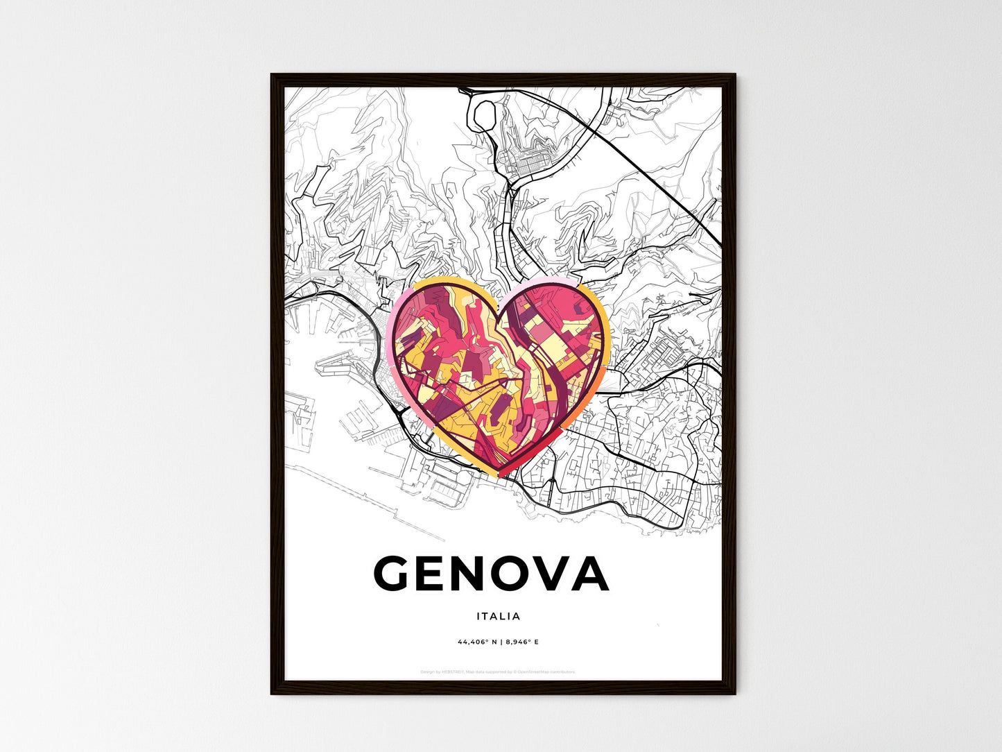 Genoa Italy wedding art map with heart icon