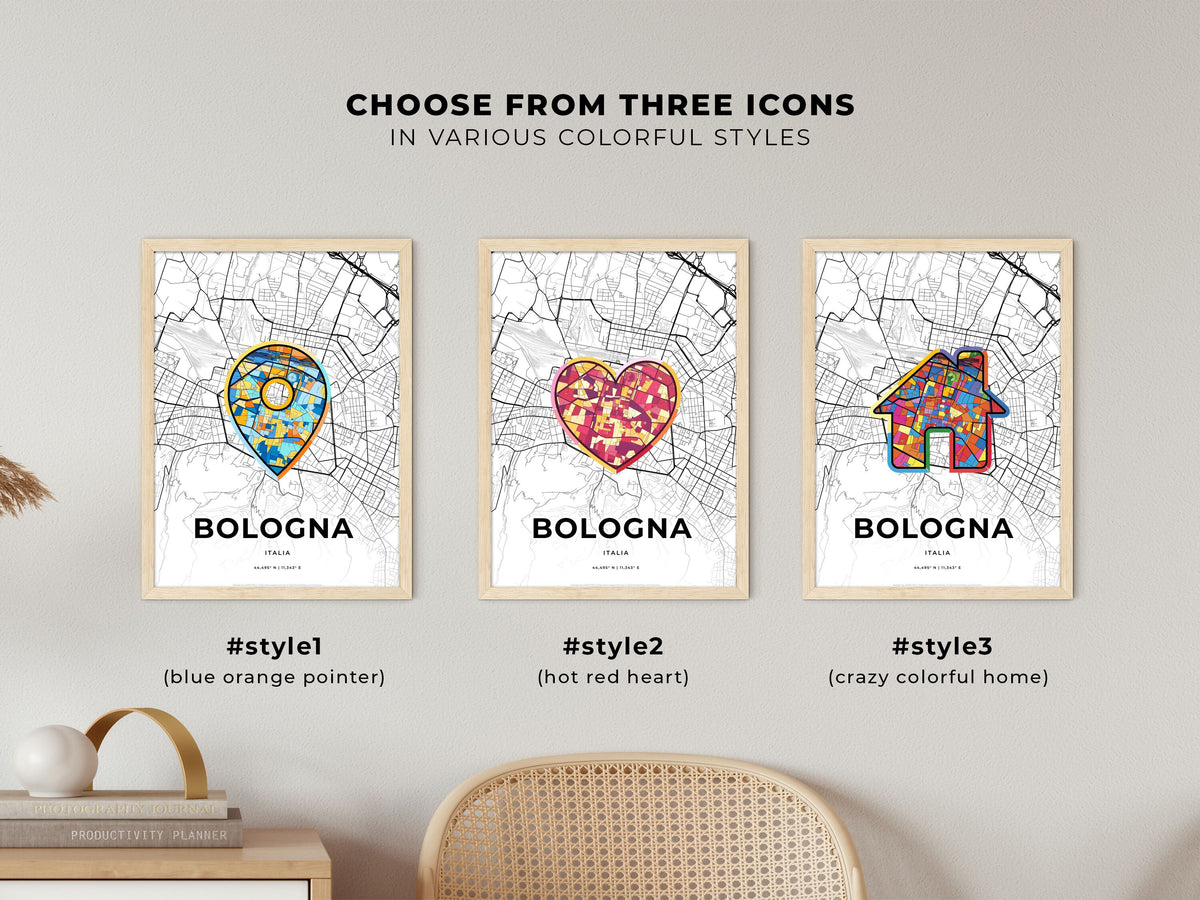 Bologna Italy maps with colorful icons