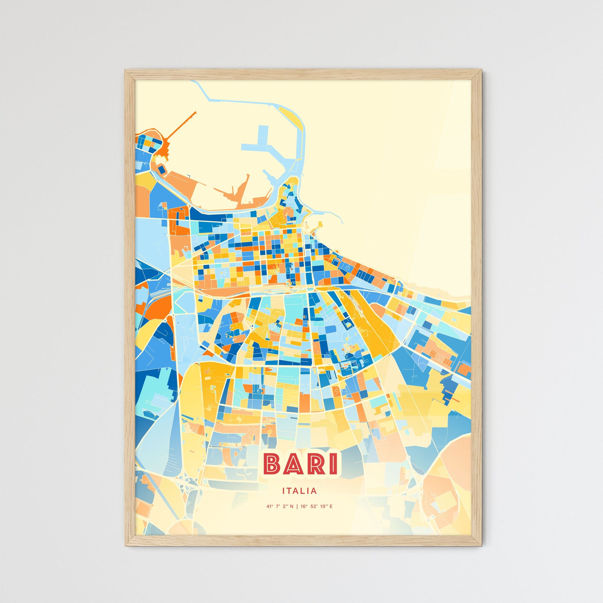 Colorful Bari Italy Fine Art Map Blue Orange