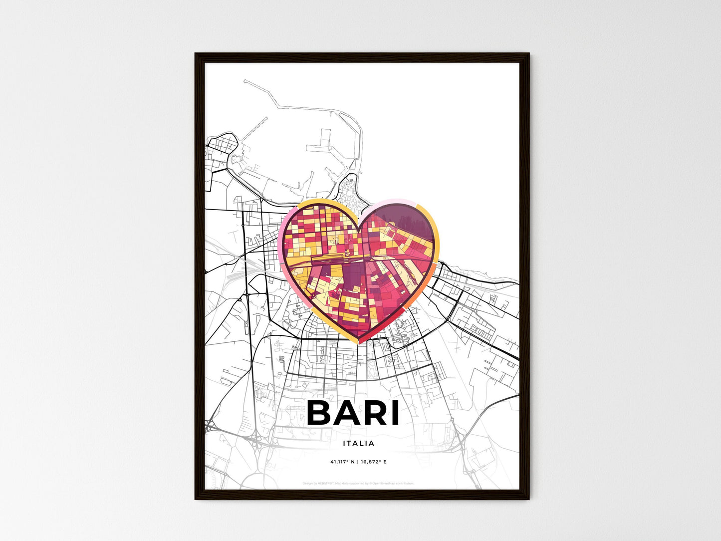 Bari Italy wedding art map with heart icon
